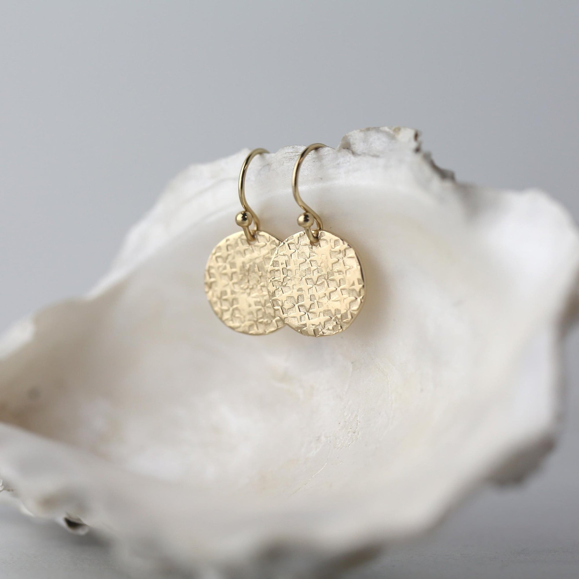 Gold Raw Silk Texture Medium Disc Earrings jewelry handmade by Burnish