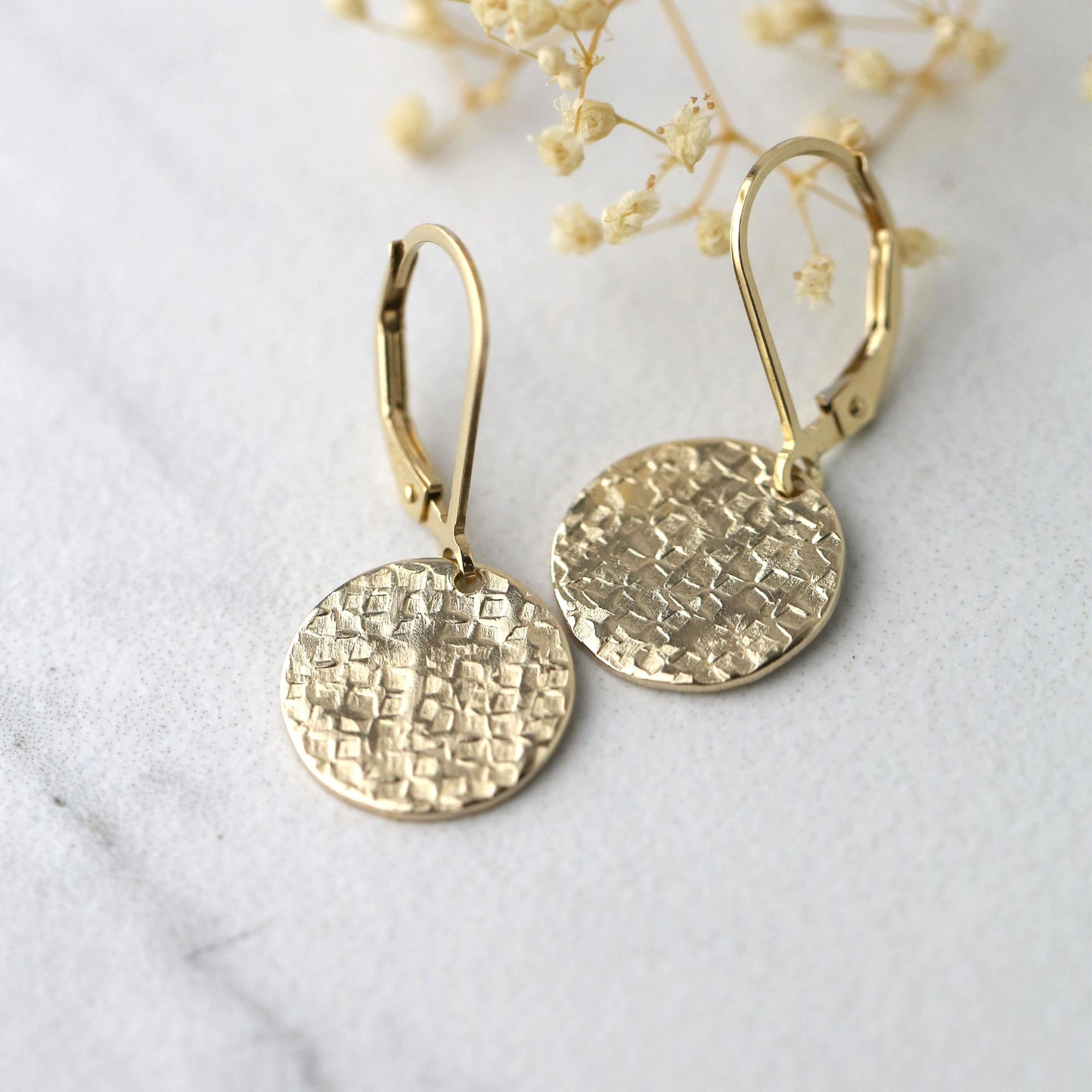 Gold Raw Silk Texture Medium Disc Earrings jewelry handmade by Burnish