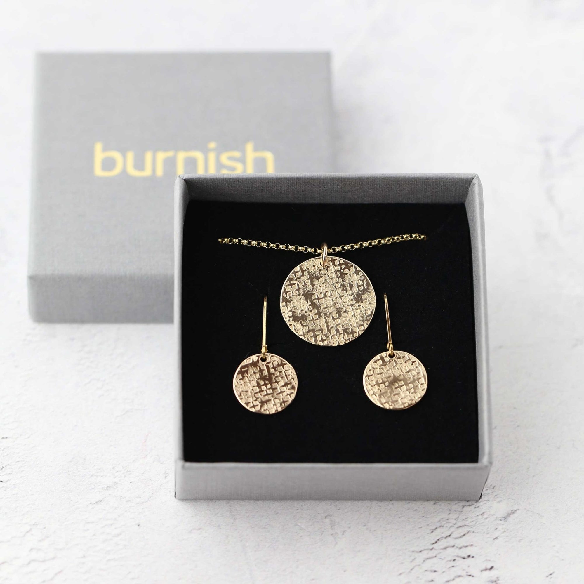 Gold Raw Silk Texture Medium Disc Earrings jewelry handmade by Burnish