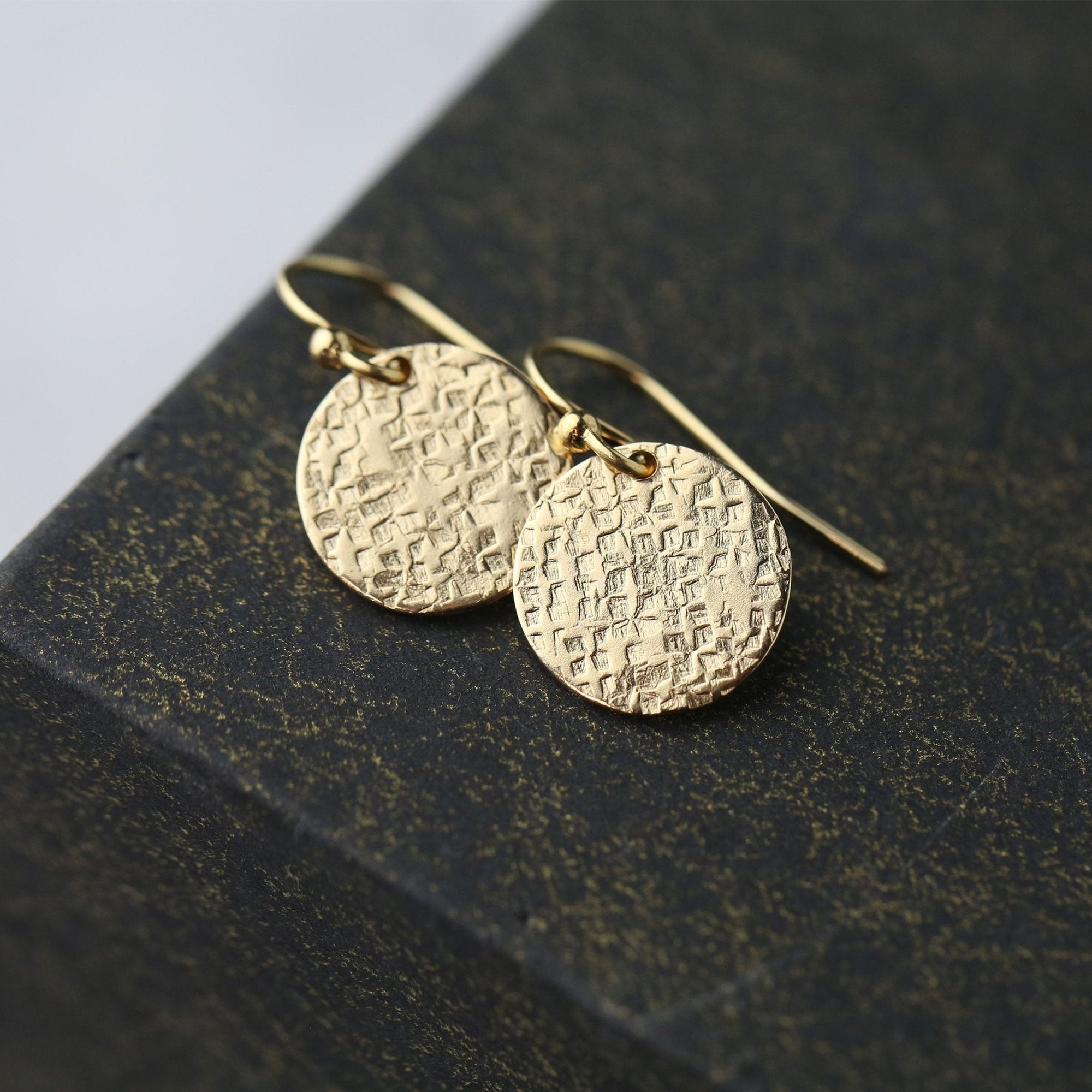 Gold Raw Silk Texture Medium Disc Earrings jewelry handmade by Burnish