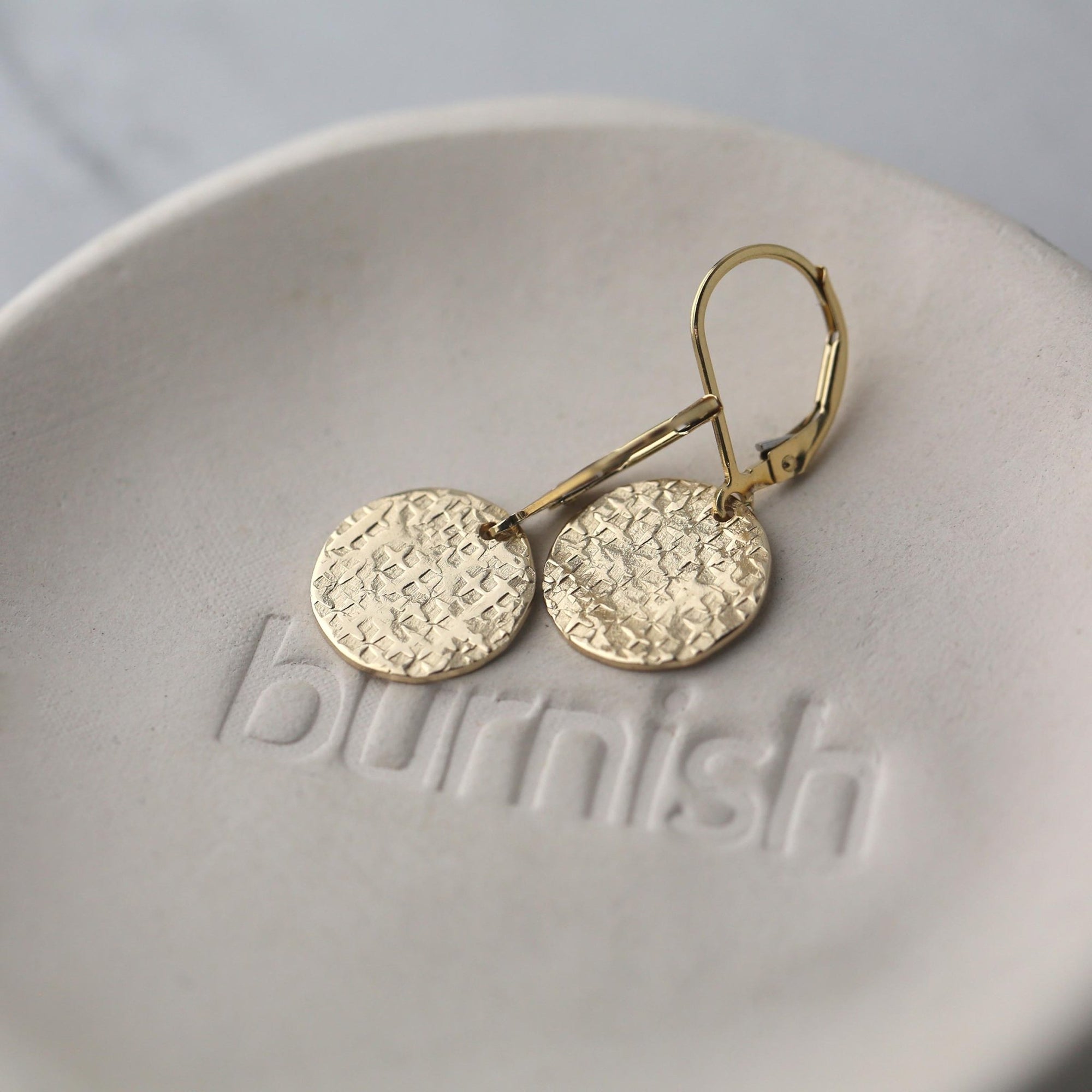 Gold Raw Silk Texture Medium Disc Earrings jewelry handmade by Burnish