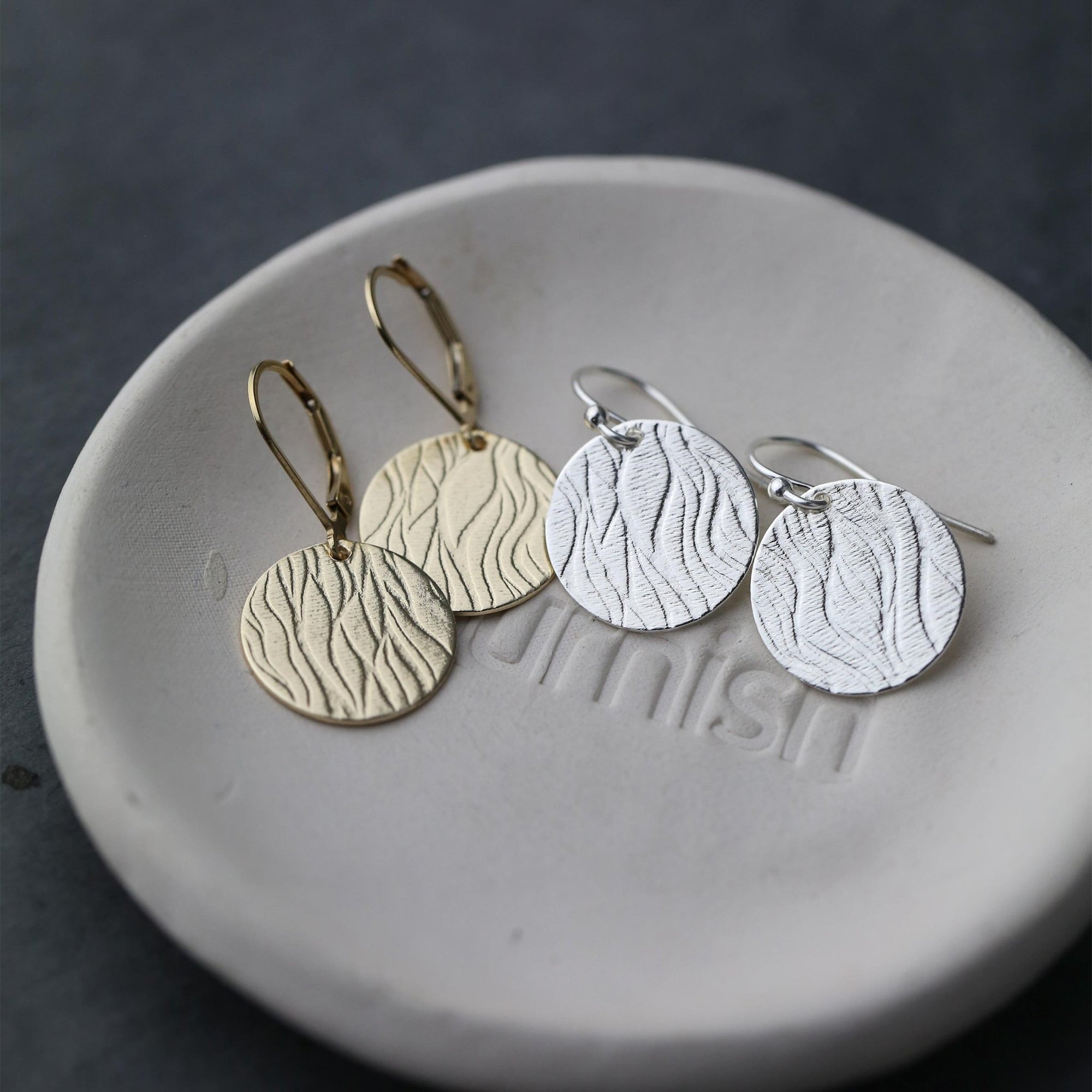 Gold Waves Disc Earrings jewelry handmade by Burnish