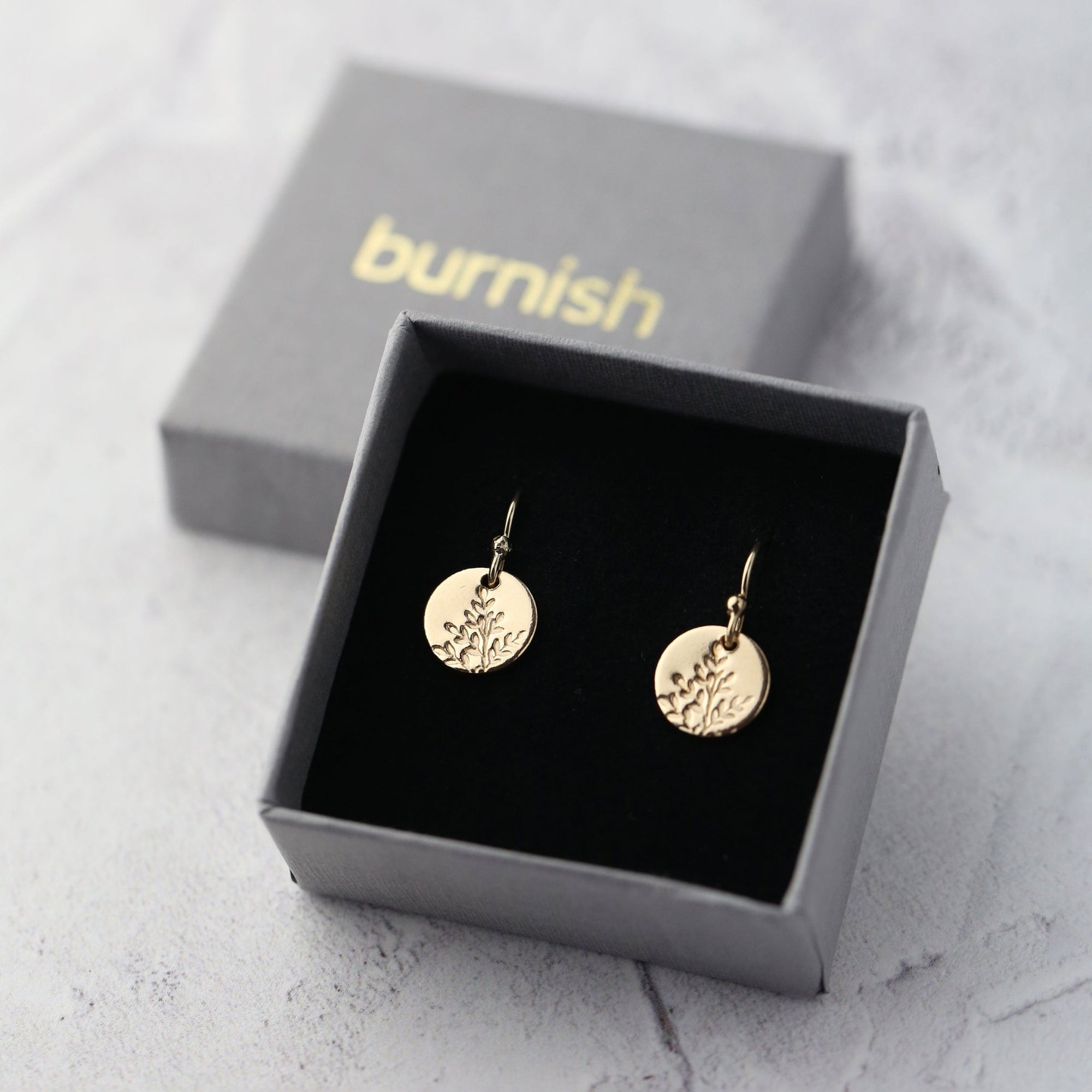 Gold Wildflower Tiny Disc Lever - back Earrings jewelry handmade by Burnish