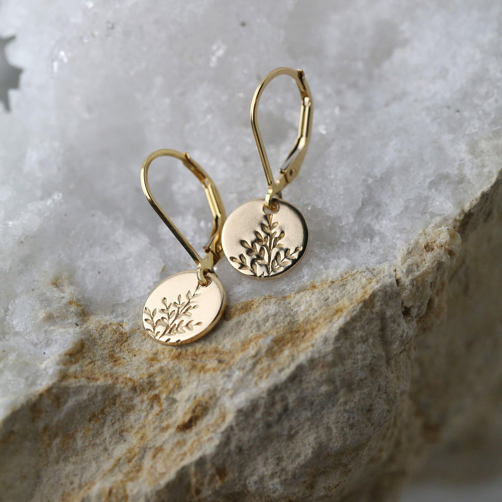 Gold Wildflower Tiny Disc Lever - back Earrings jewelry handmade by Burnish