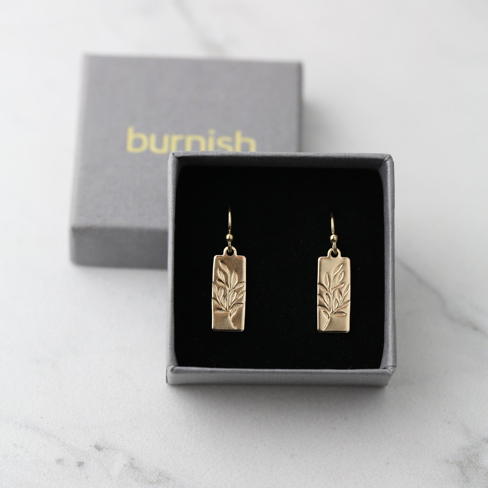 Gold Willow Leaves Medium Tag Earrings jewelry handmade by Burnish