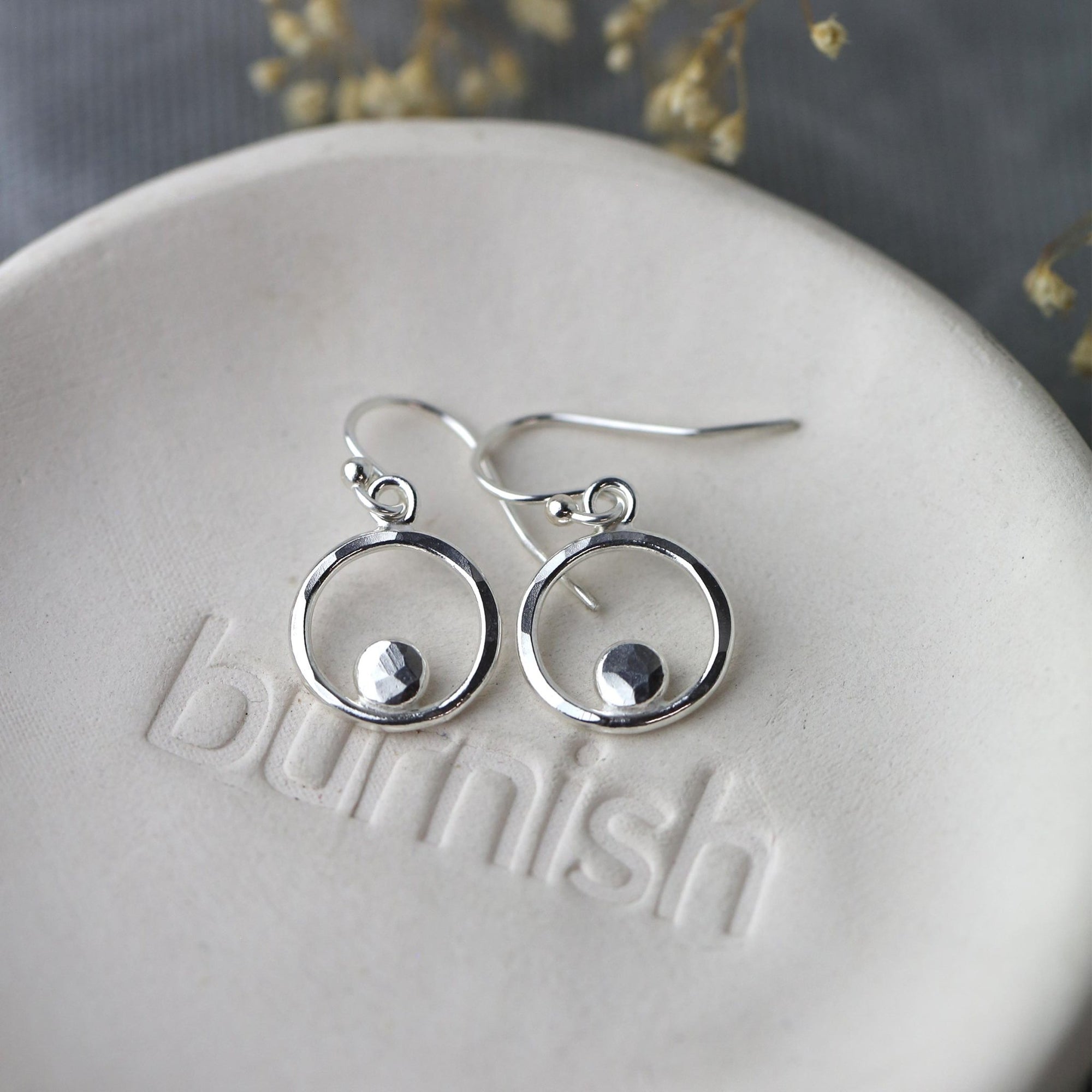 Hammered Silver Circle & Dot Earrings jewelry handmade by Burnish