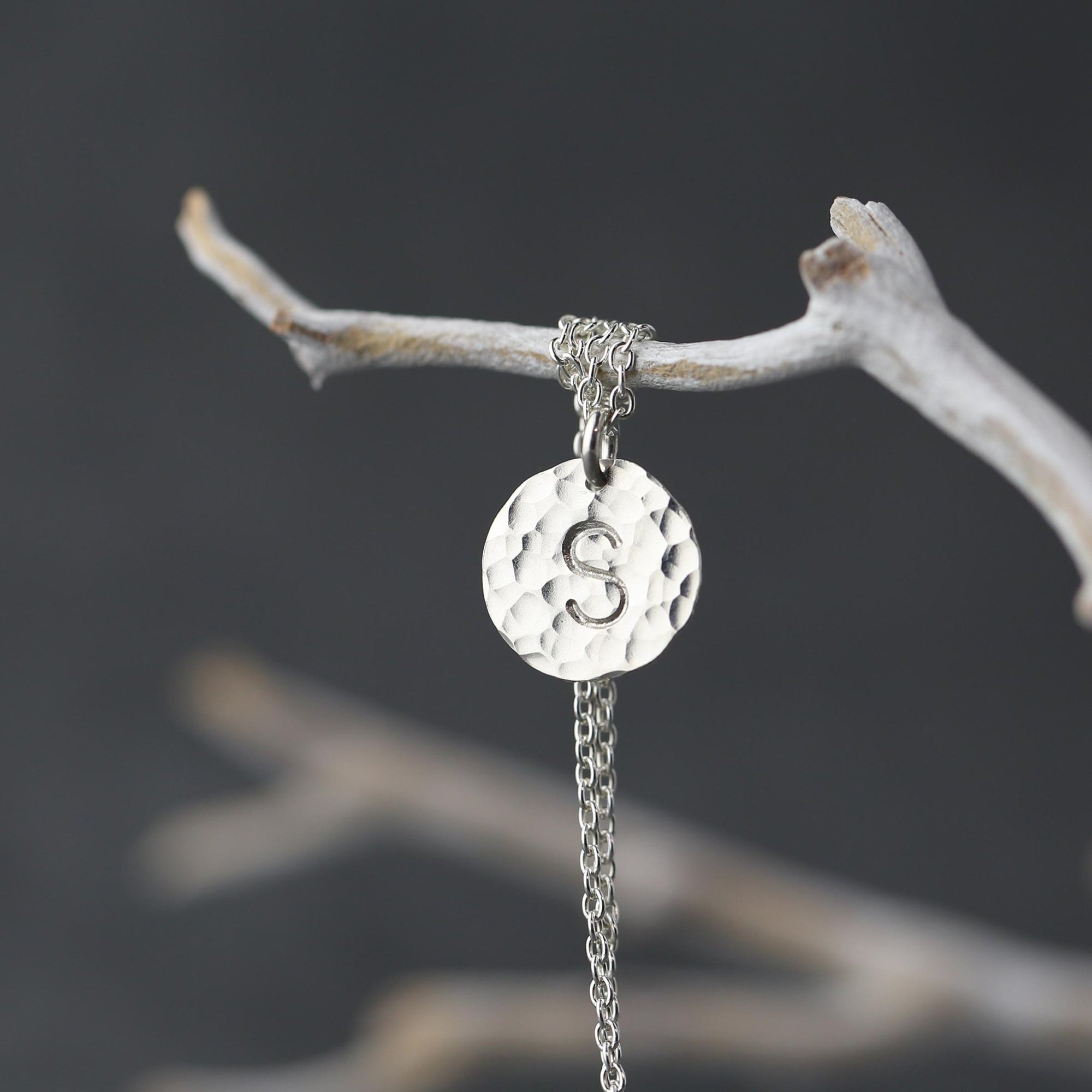 Hammered Silver Initial Disc Necklace jewelry handmade by Burnish