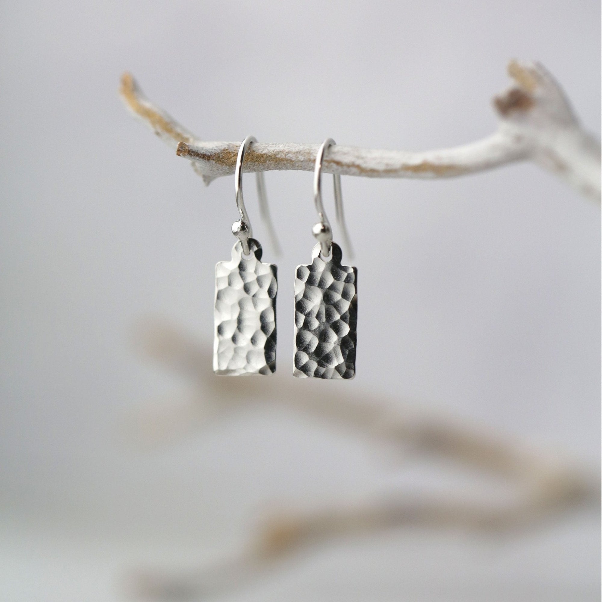 Hammered Silver Mini Tag Earrings jewelry handmade by Burnish