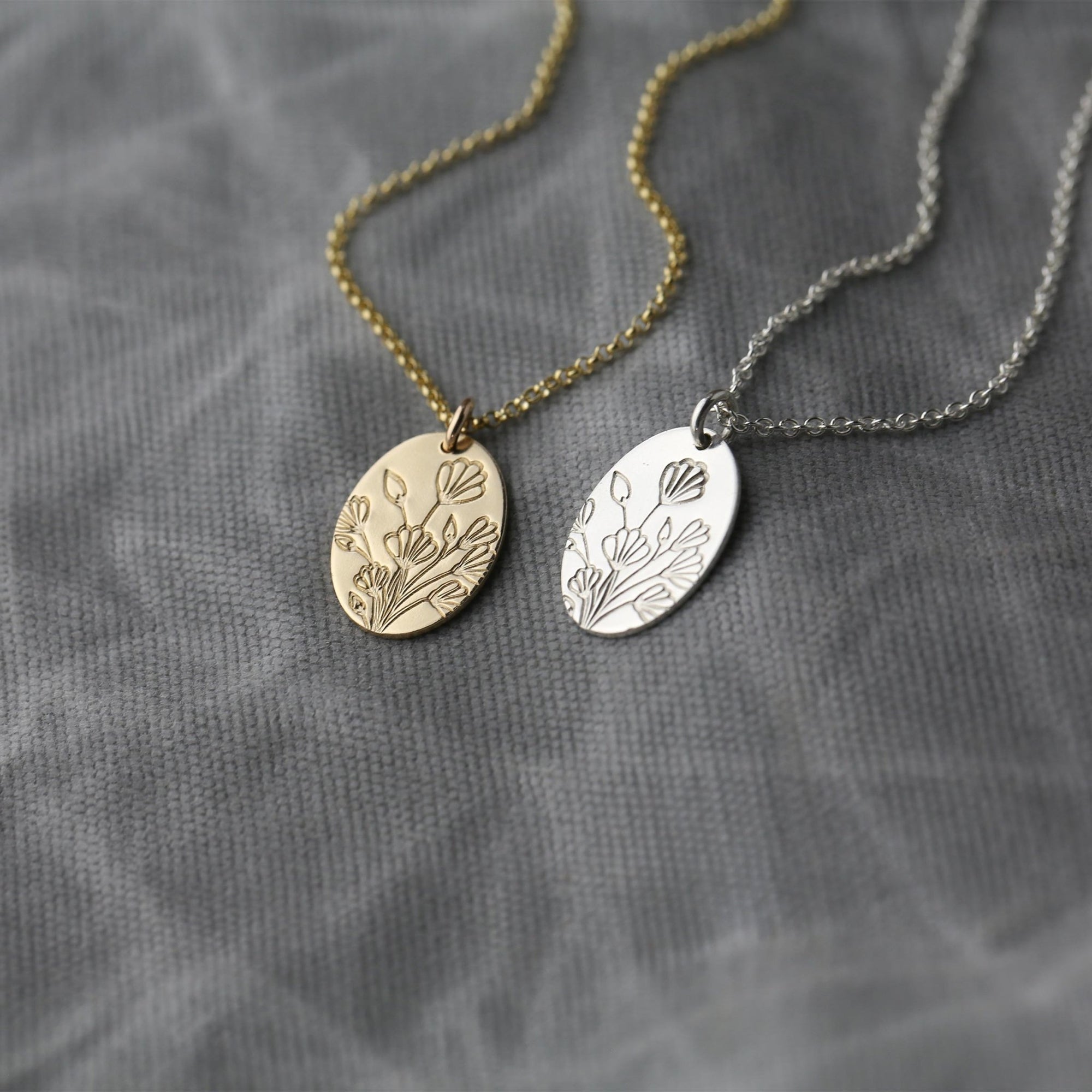 Hand Stamped Floral Oval Necklace jewelry handmade by Burnish