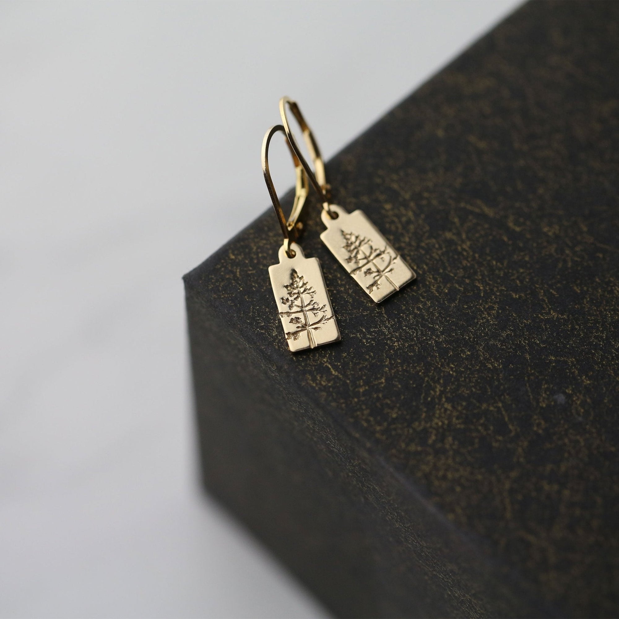 Hand Stamped Gold Mini Tree Tag Earrings jewelry handmade by Burnish