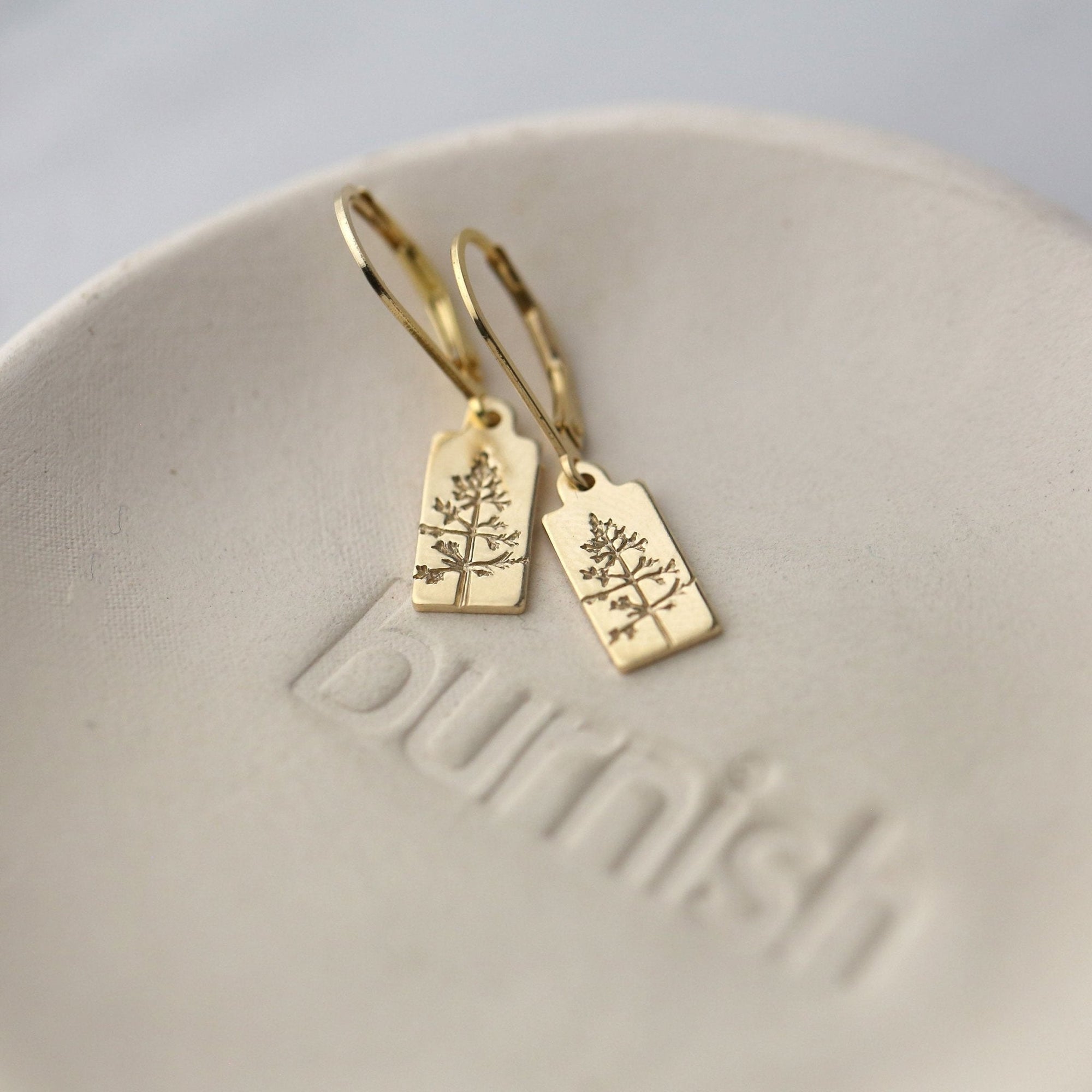 Hand Stamped Gold Mini Tree Tag Earrings jewelry handmade by Burnish