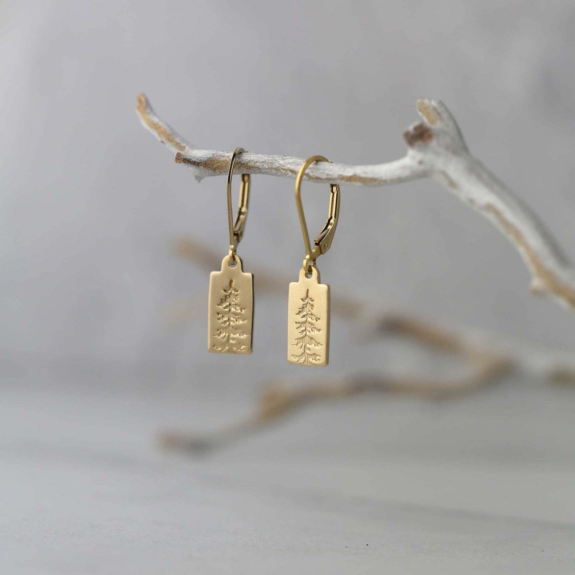 Mini Gold Evergreen Tree Tag Earrings jewelry handmade by Burnish