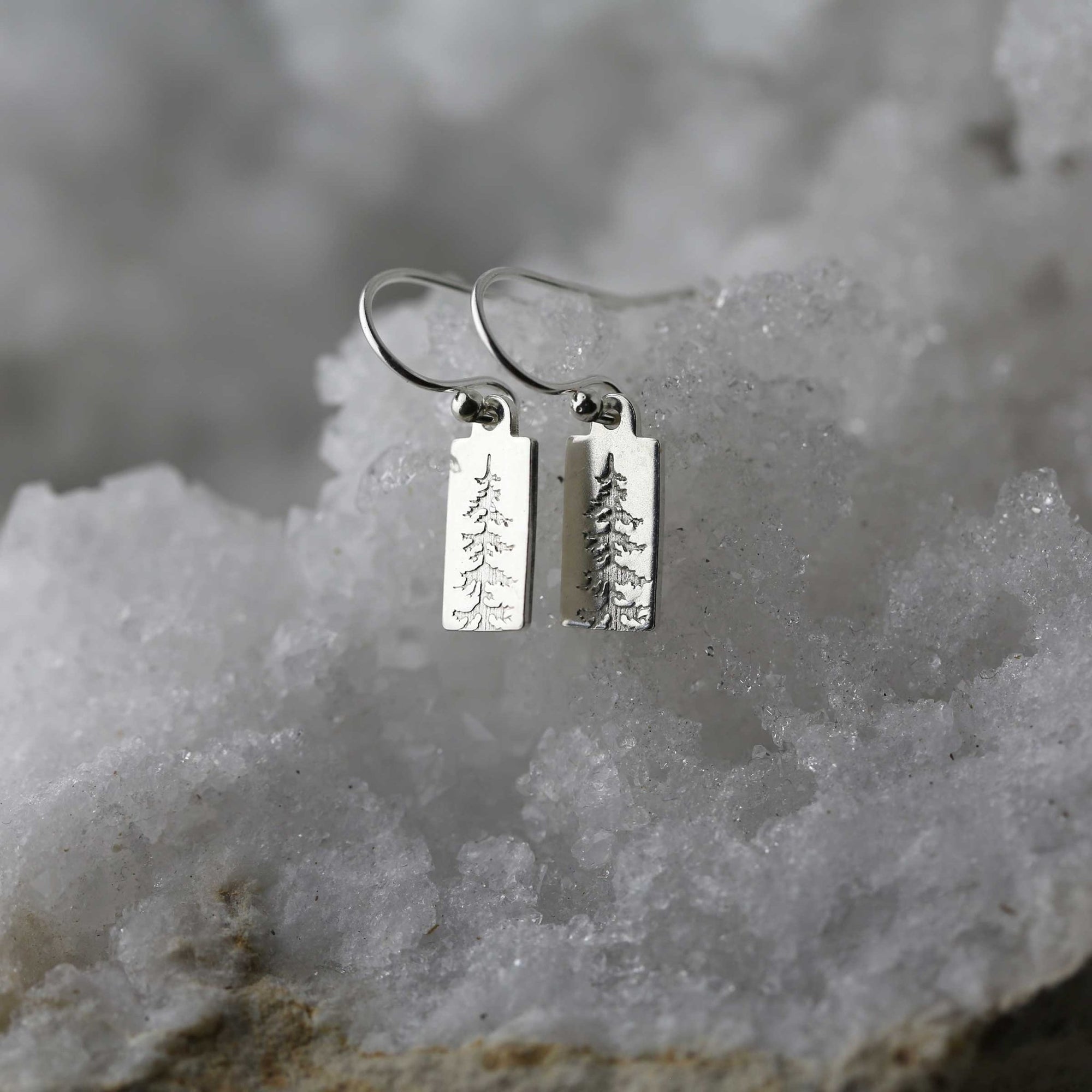 Mini Silver Evergreen Tree Tag Earrings jewelry handmade by Burnish