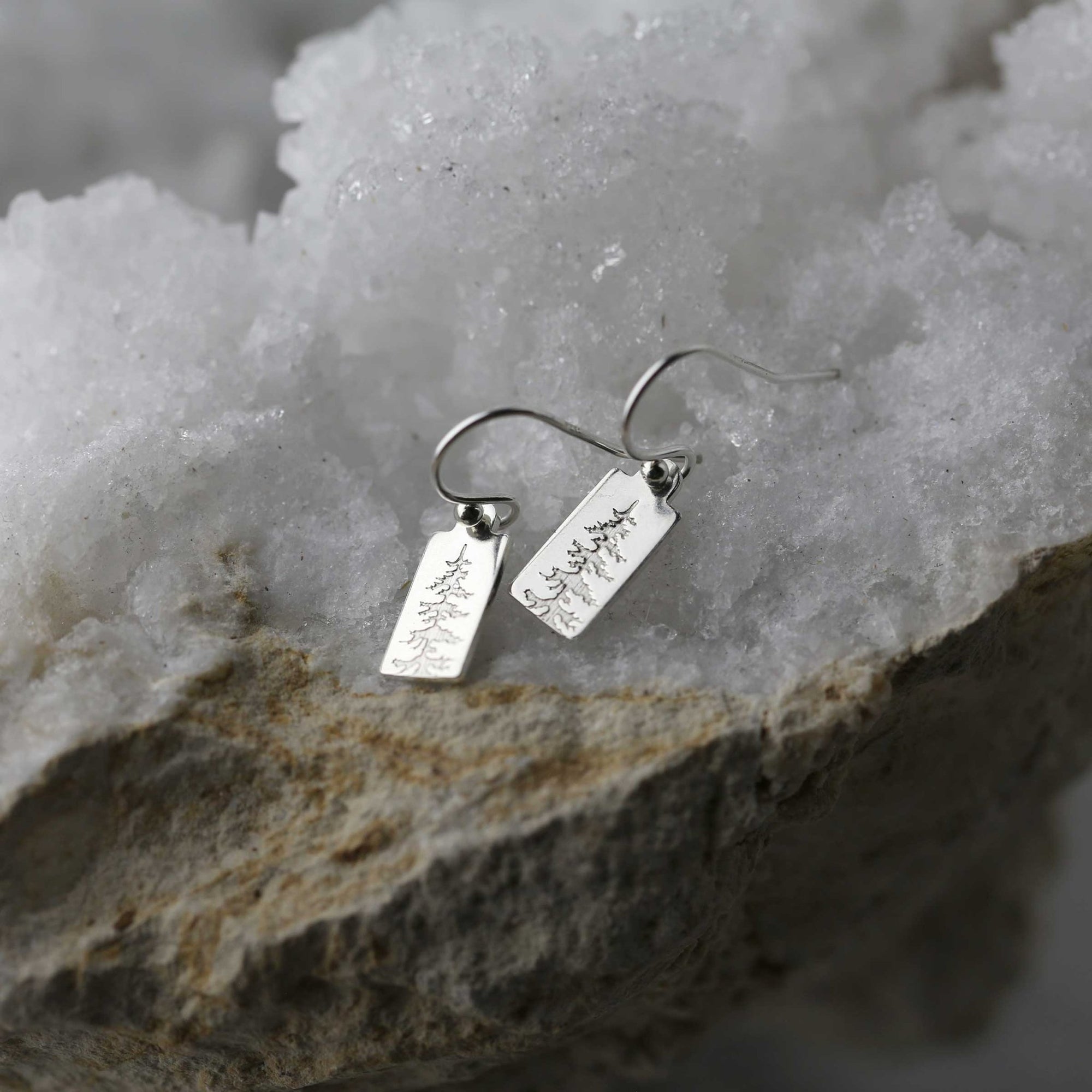 Mini Silver Evergreen Tree Tag Earrings jewelry handmade by Burnish