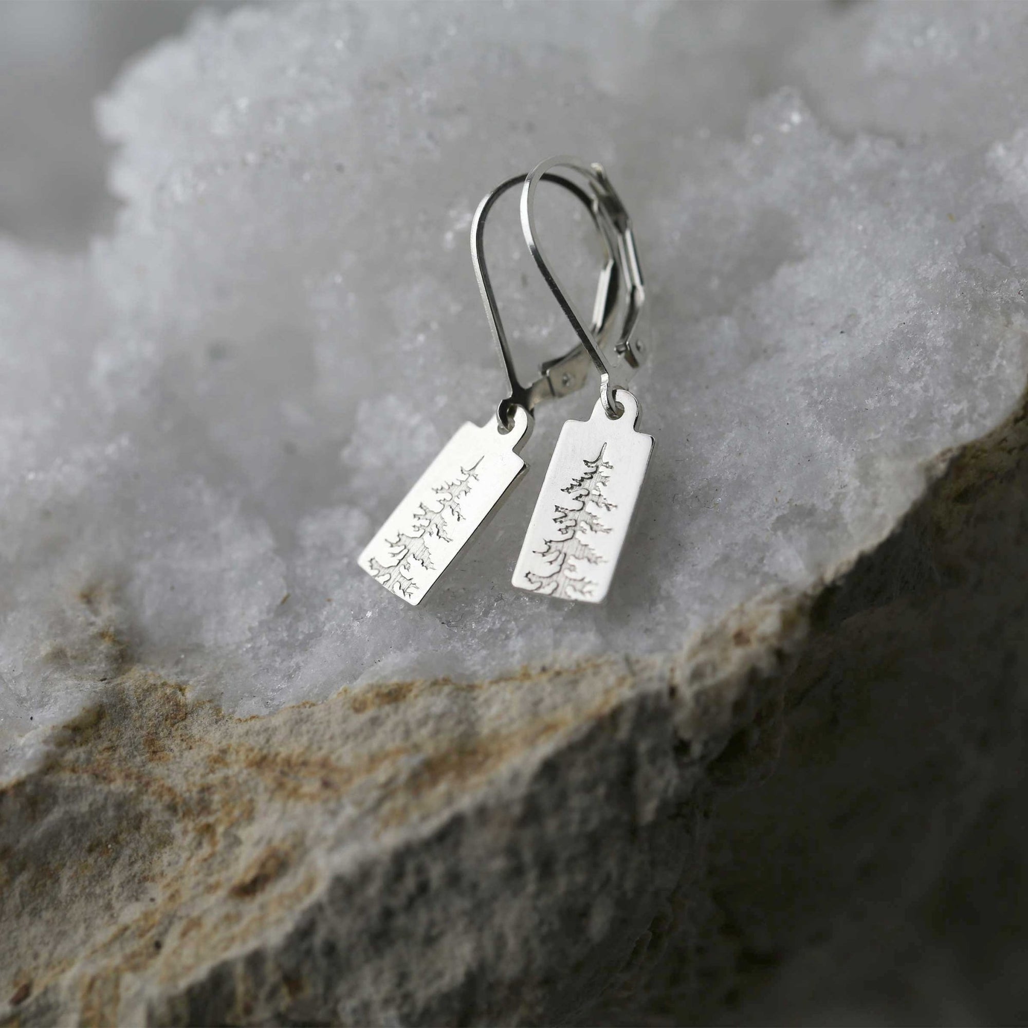 Mini Silver Evergreen Tree Tag Earrings jewelry handmade by Burnish