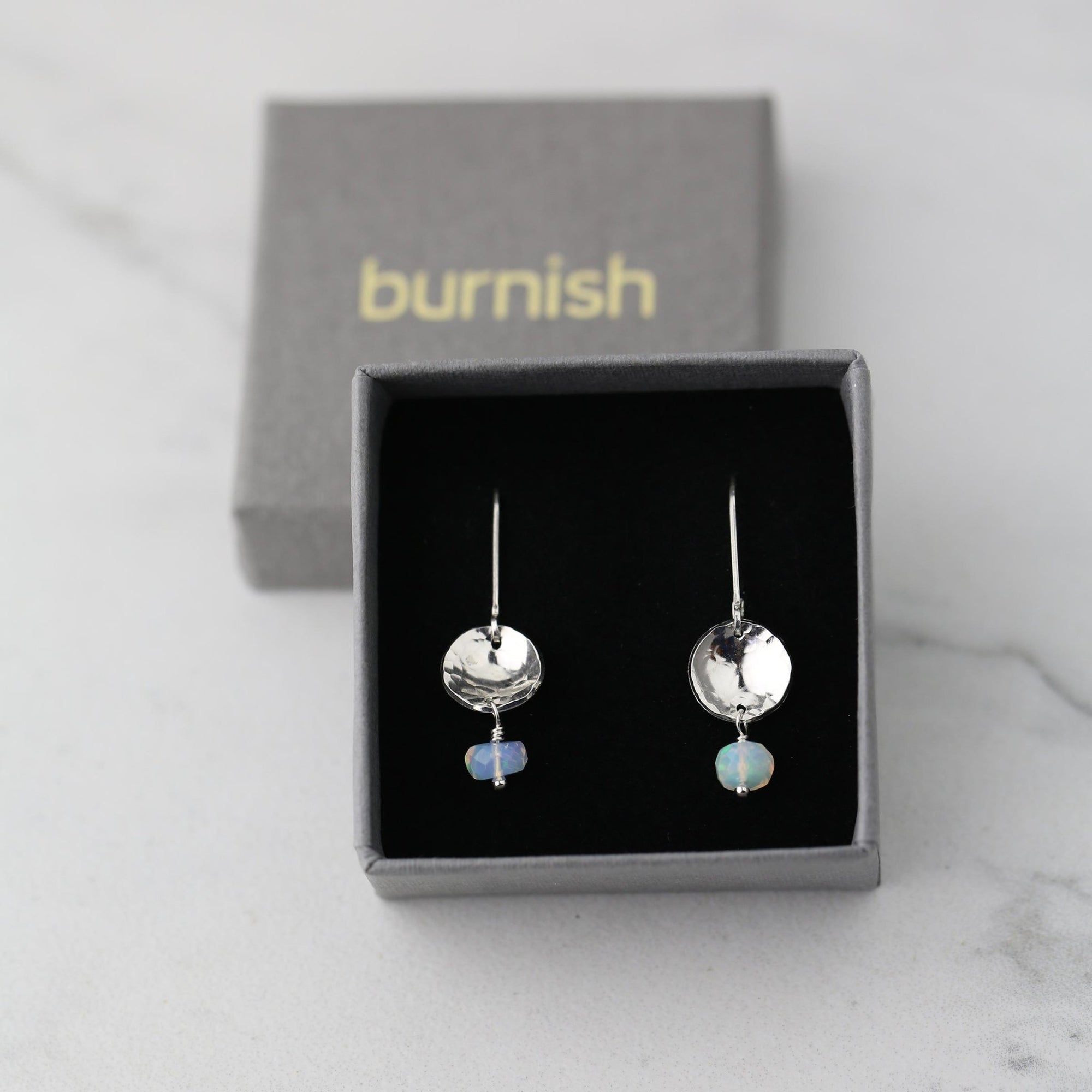 Opal Mini Silver Disc Earrings jewelry handmade by Burnish