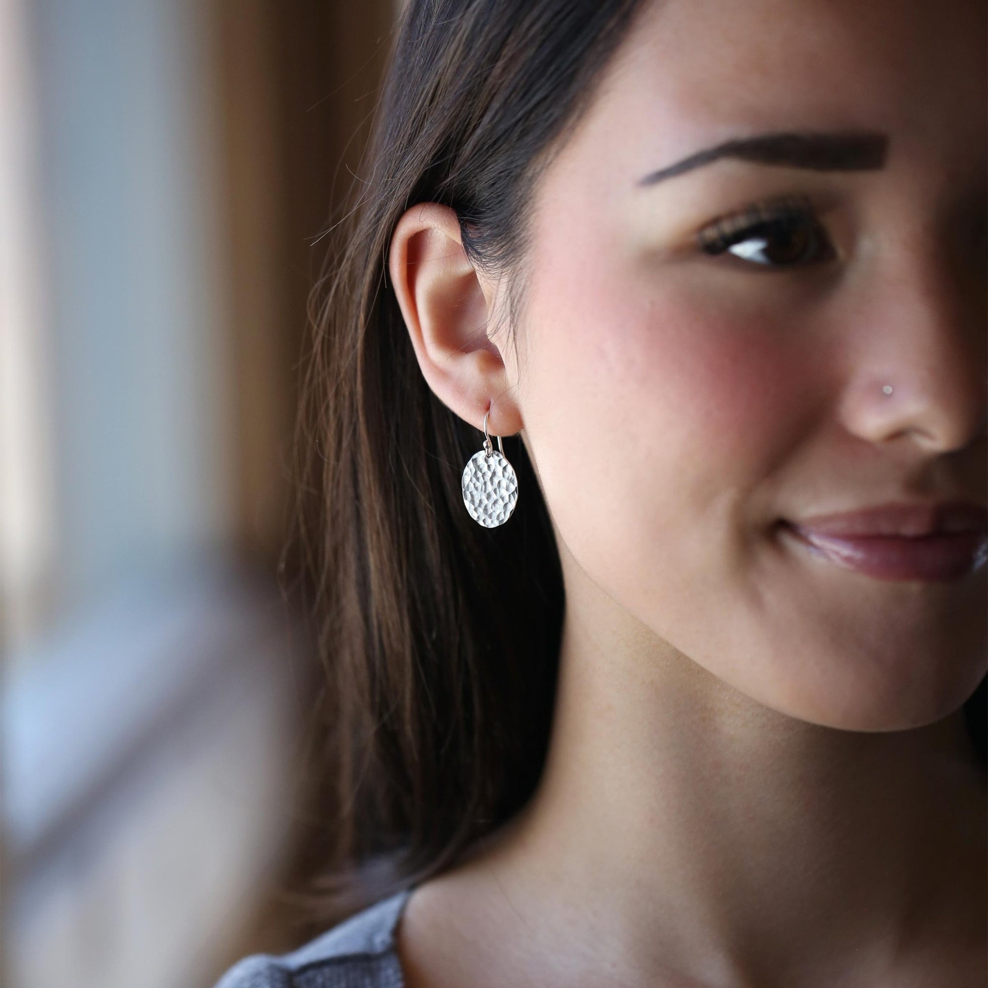 Oval Hammered Silver Earrings jewelry handmade by Burnish