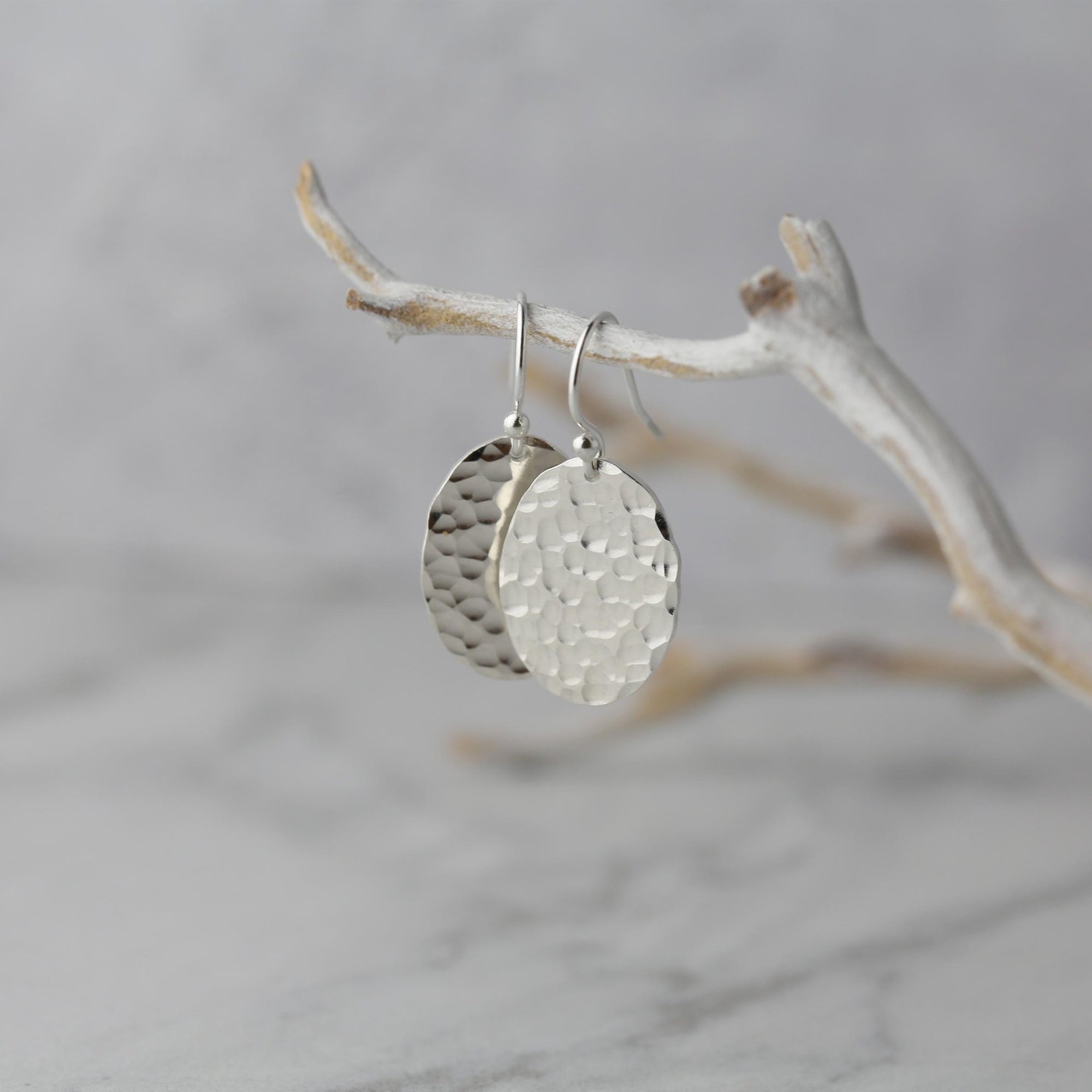 Oval Hammered Silver Earrings jewelry handmade by Burnish