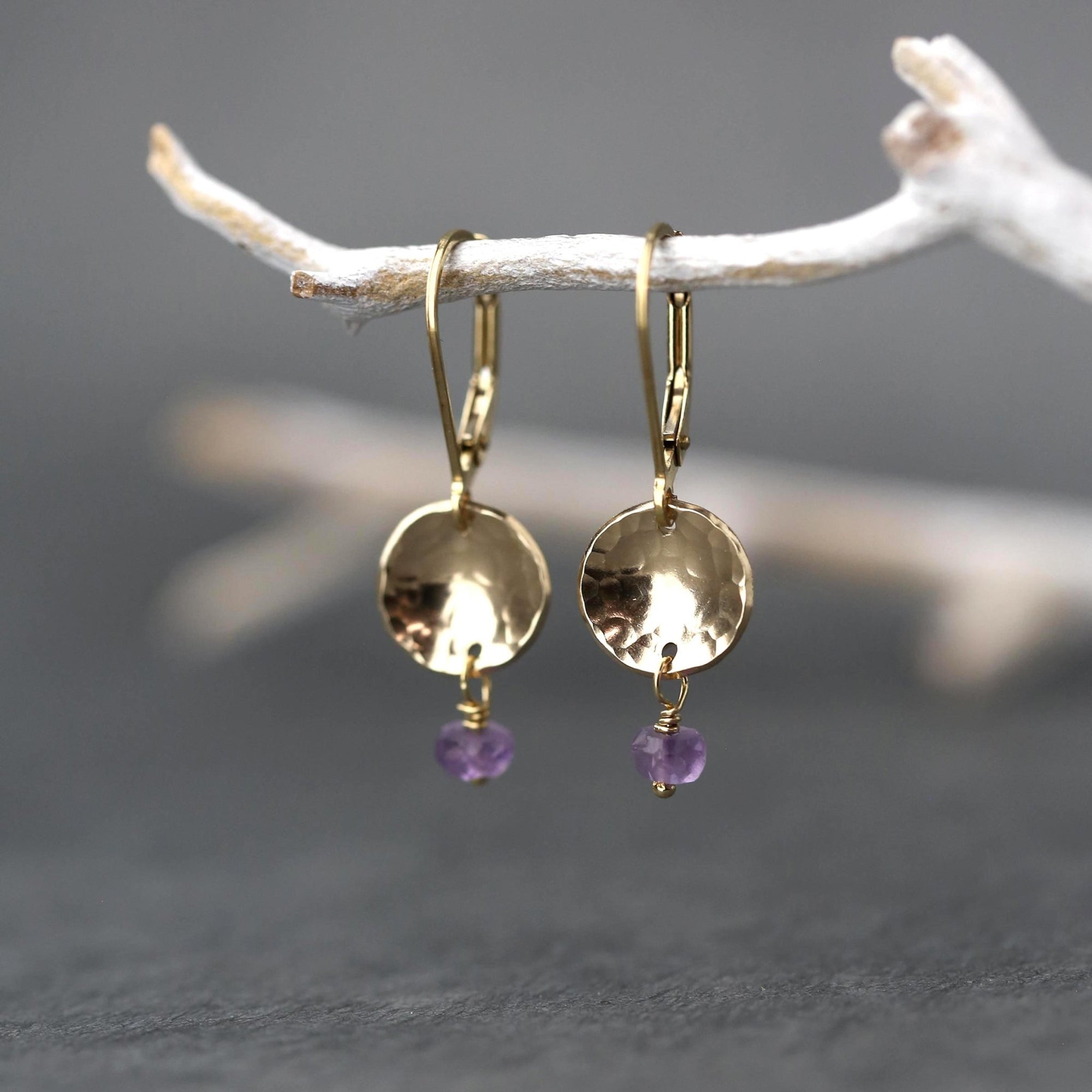 Petite Gold Disc Amethyst Earrings jewelry handmade by Burnish