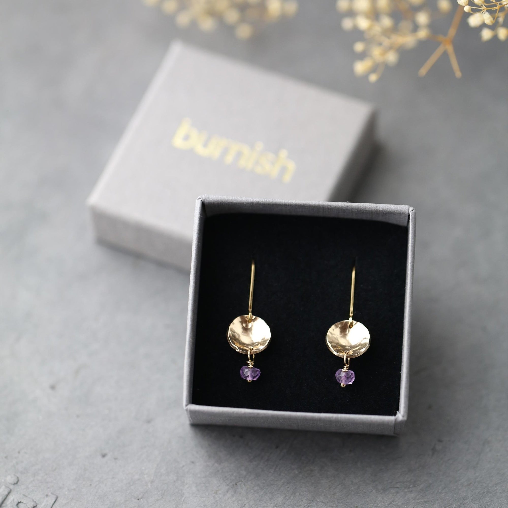 Petite Gold Disc Amethyst Earrings jewelry handmade by Burnish