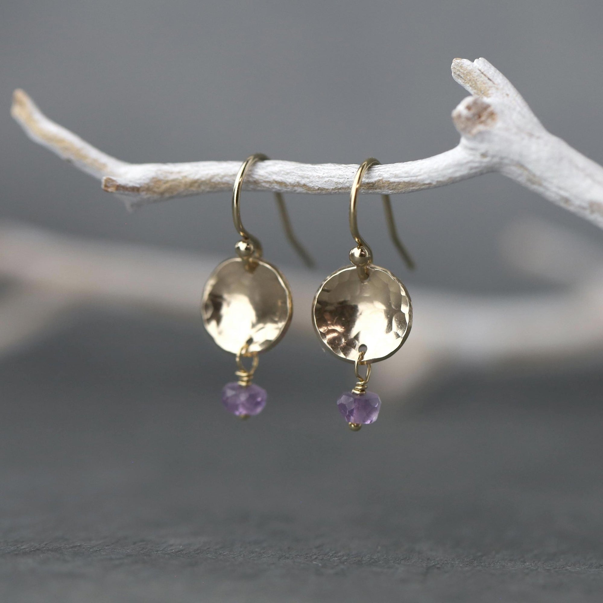 Petite Gold Disc Amethyst Earrings jewelry handmade by Burnish