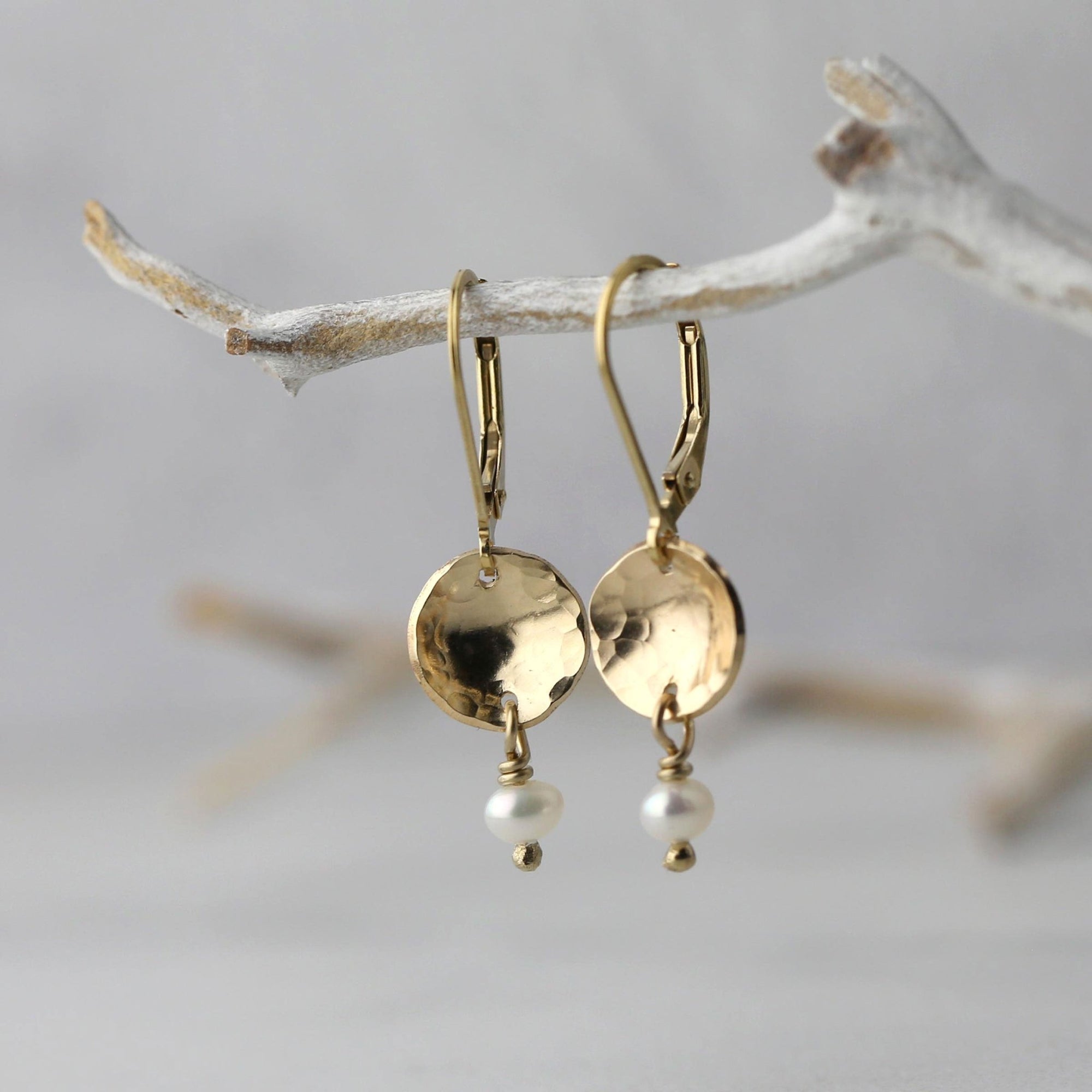 Petite Gold Disc Pearl Earrings jewelry handmade by Burnish