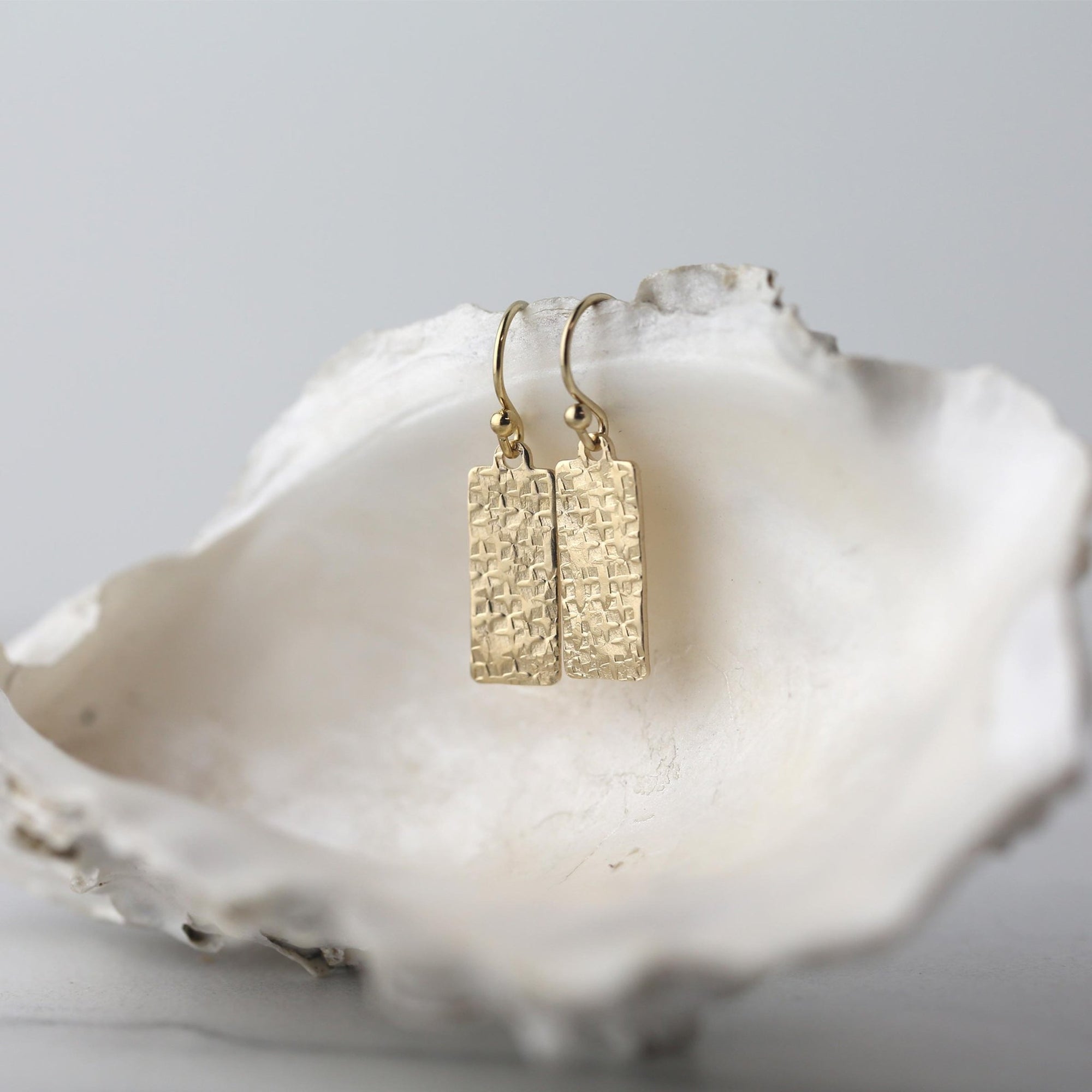 Raw Silk Textured Gold Medium Tag Earrings jewelry handmade by Burnish