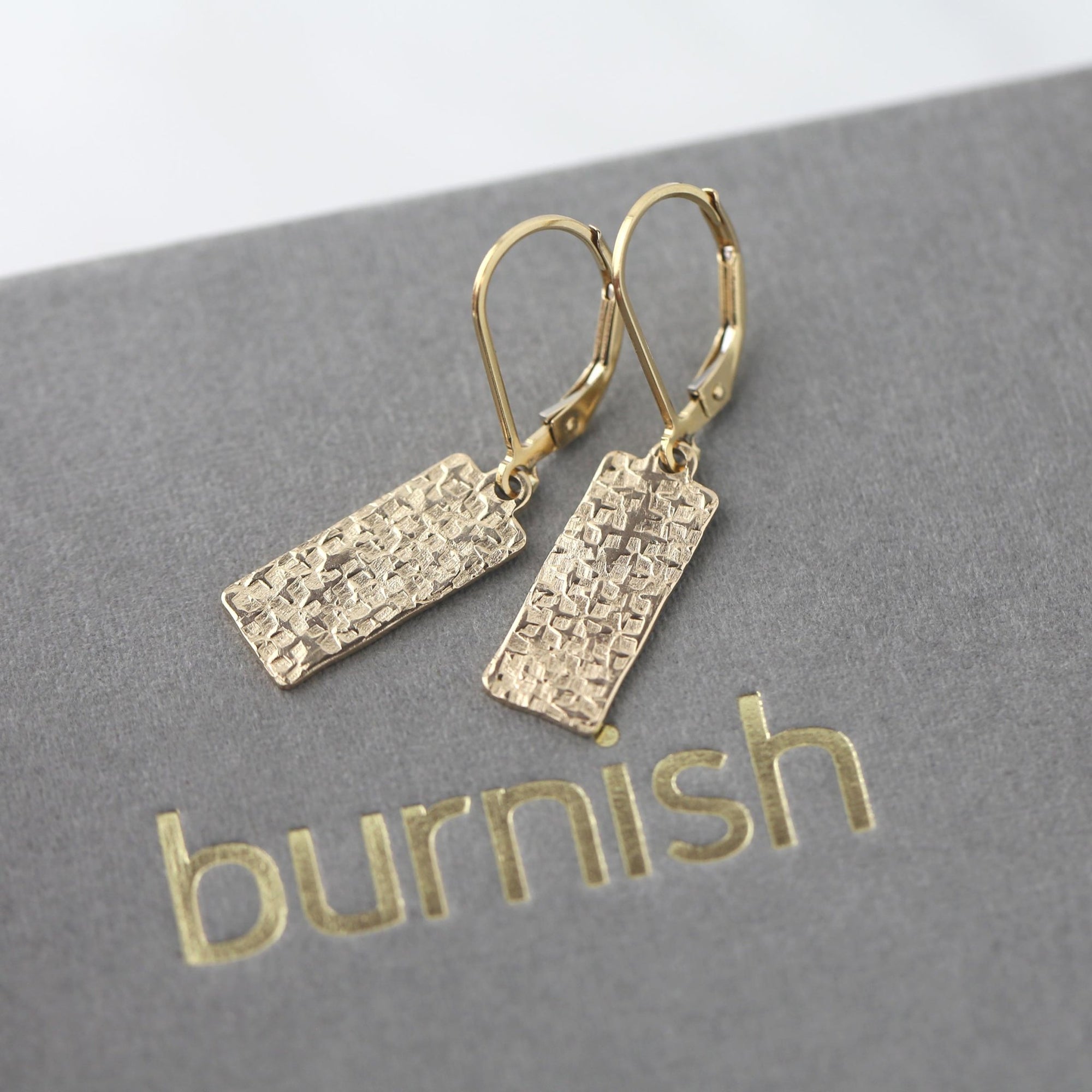 Raw Silk Textured Gold Medium Tag Earrings jewelry handmade by Burnish