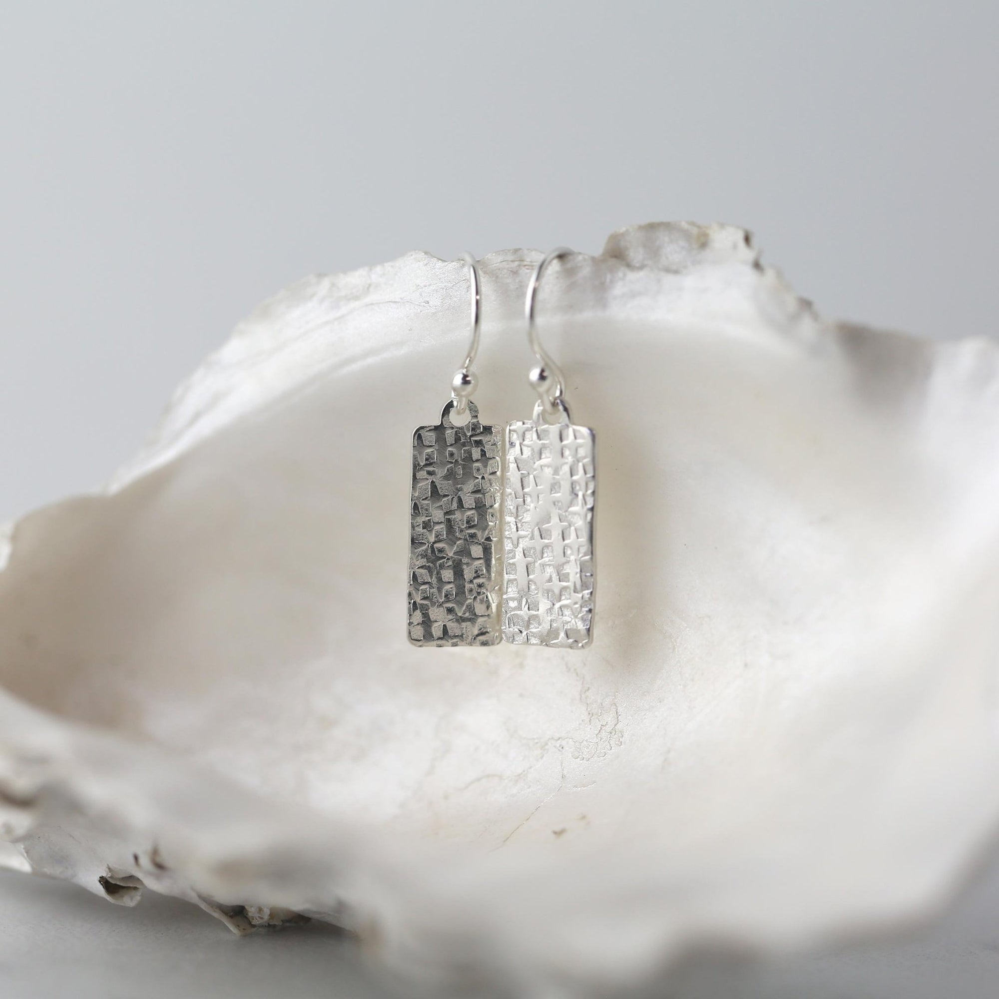 Raw Silk Textured Silver Medium Tag Earrings jewelry handmade by Burnish