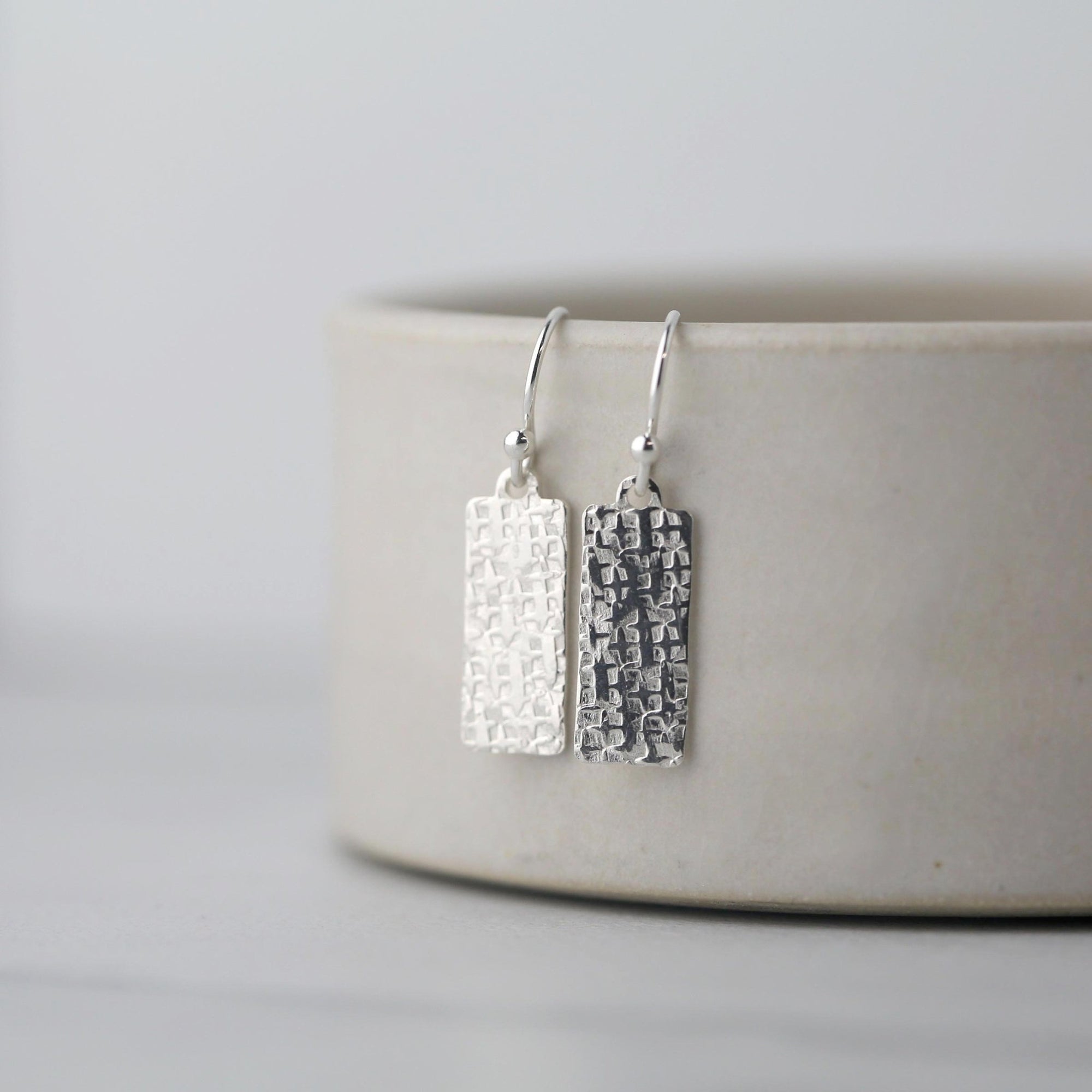 Raw Silk Textured Silver Medium Tag Earrings jewelry handmade by Burnish