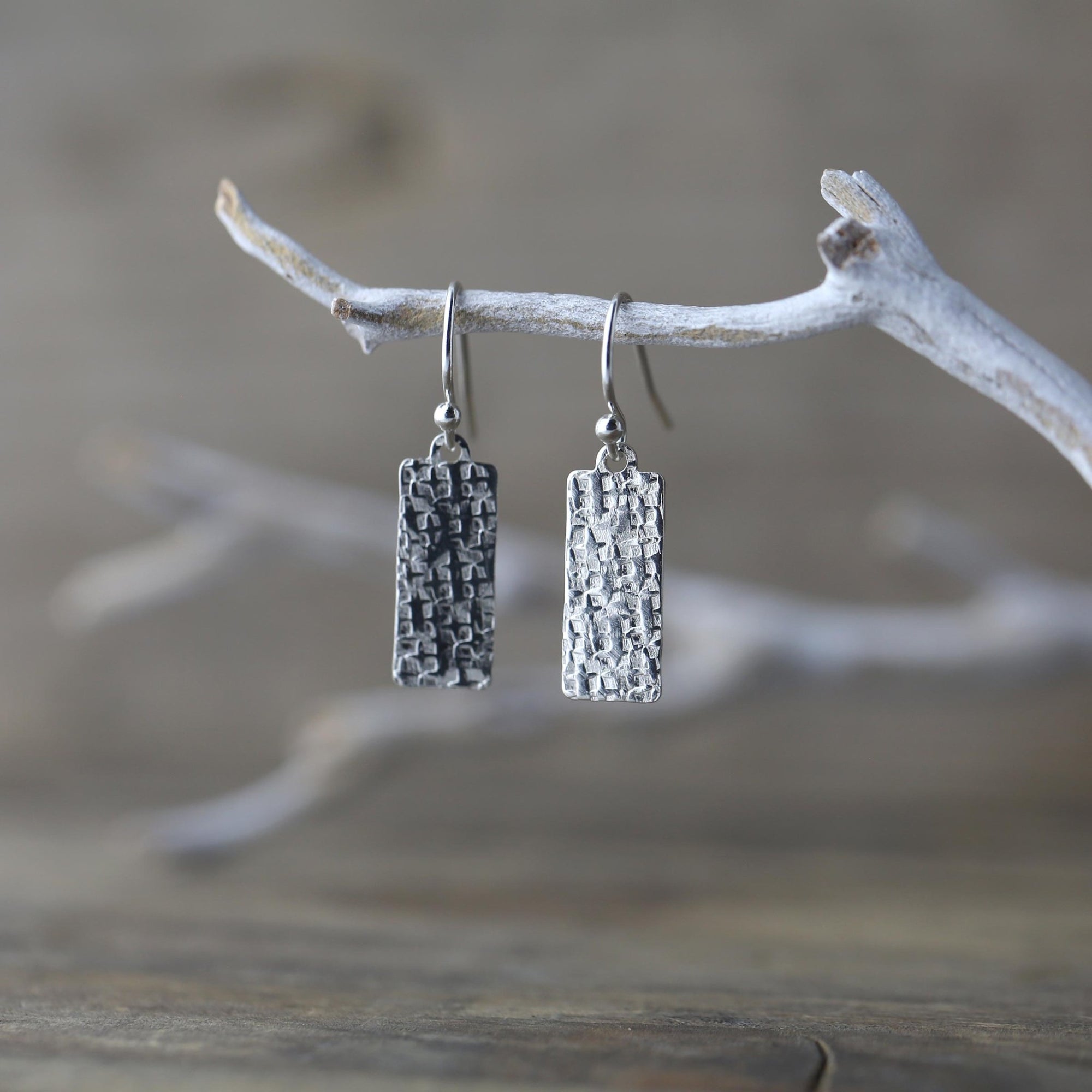 Raw Silk Textured Silver Medium Tag Earrings jewelry handmade by Burnish