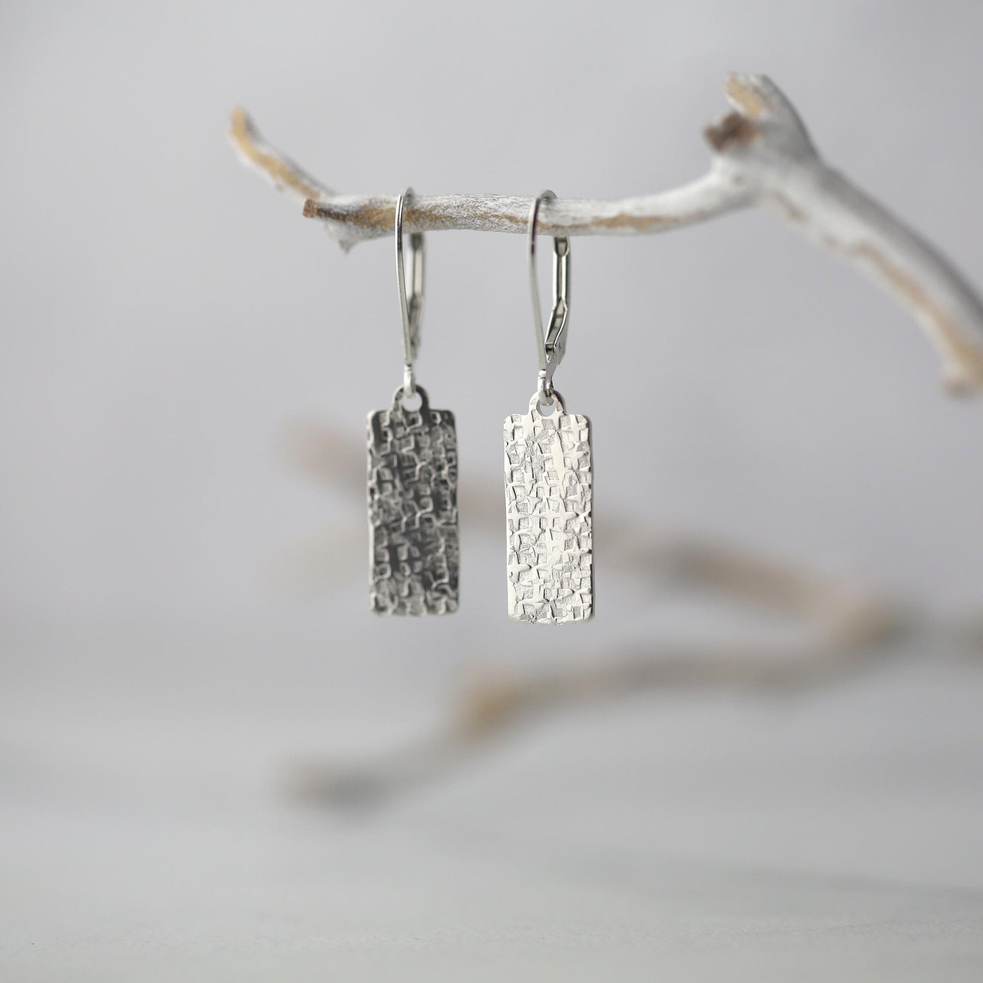 Raw Silk Textured Silver Medium Tag Earrings jewelry handmade by Burnish