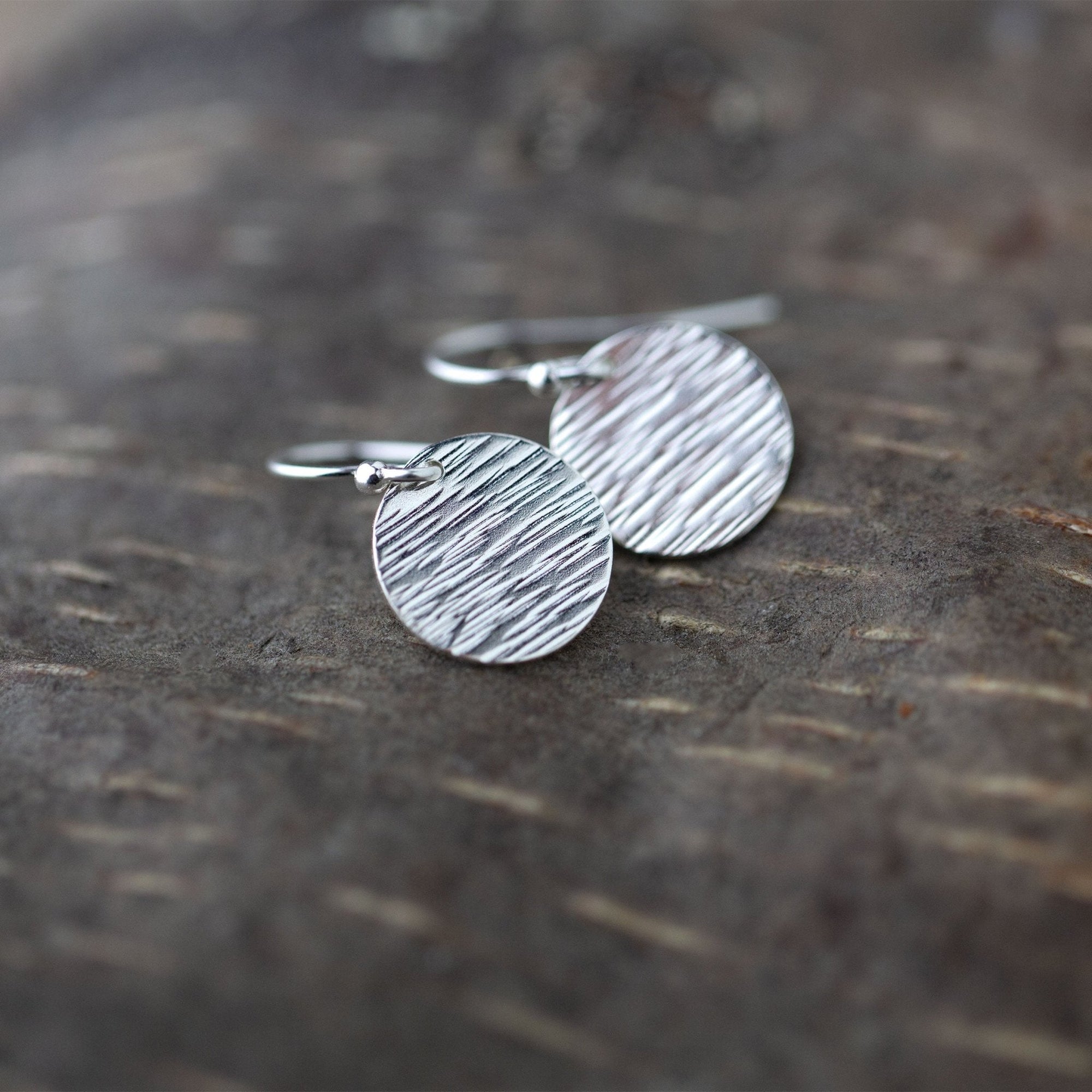 Silver Bark Texture Medium Disc Earrings jewelry handmade by Burnish