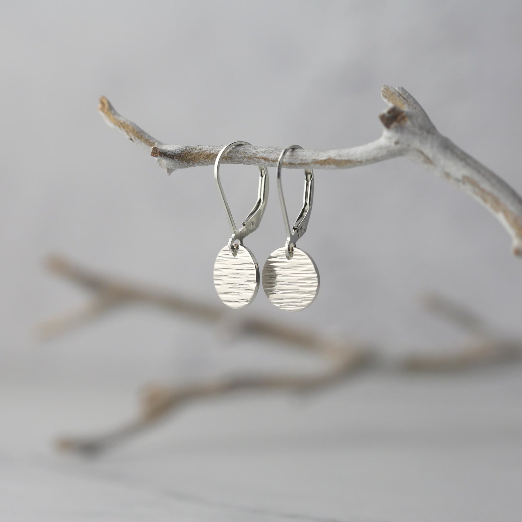 Silver Bark Texture Small Disc Earrings jewelry handmade by Burnish