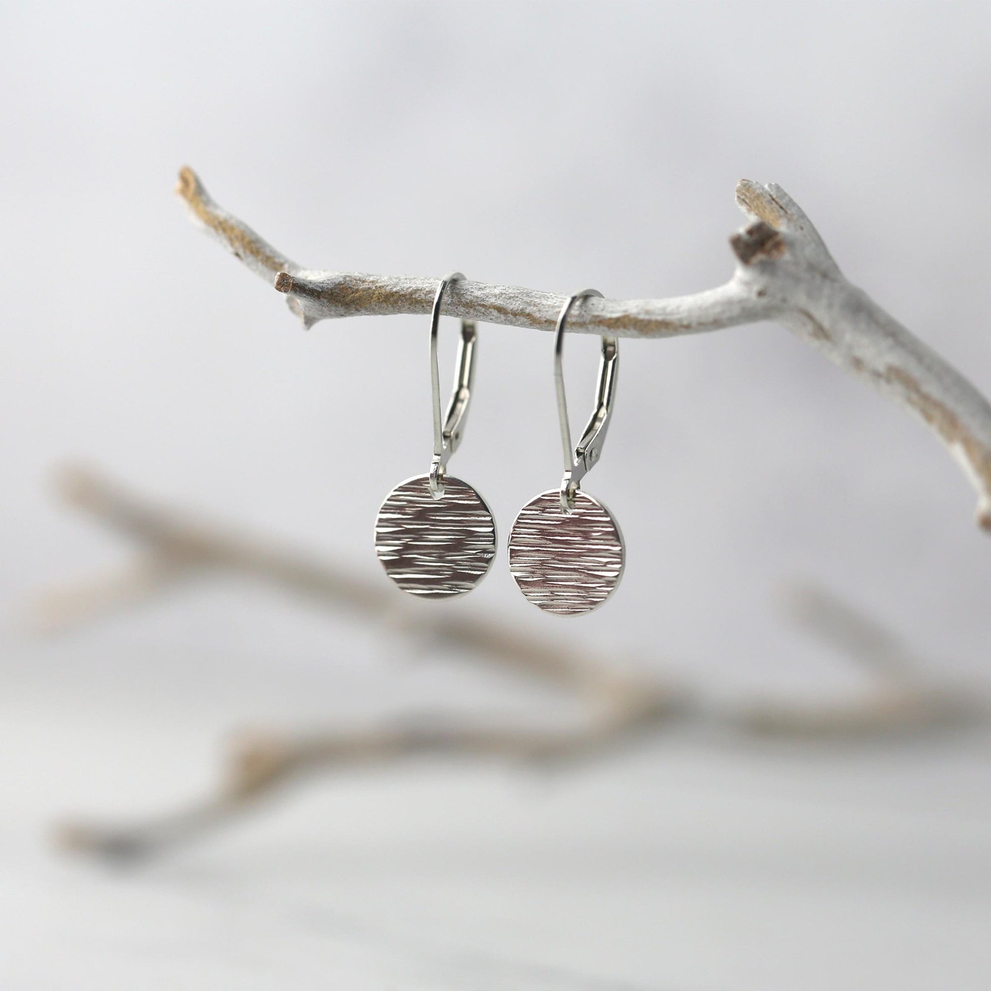 Silver Bark Texture Small Disc Earrings jewelry handmade by Burnish