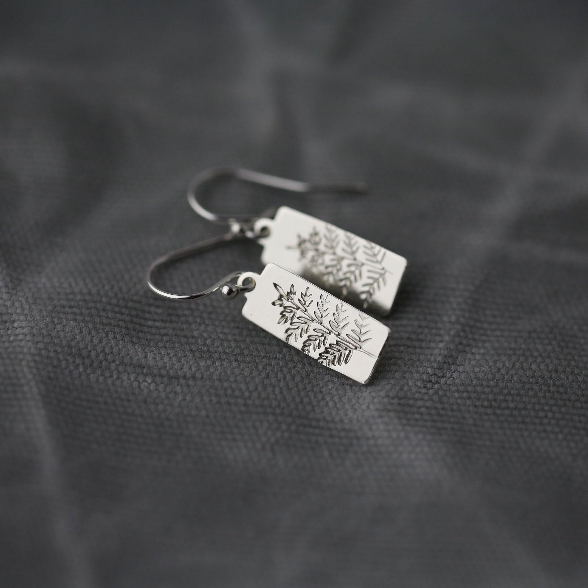 Silver Fern Leaf Tag Earrings jewelry handmade by Burnish