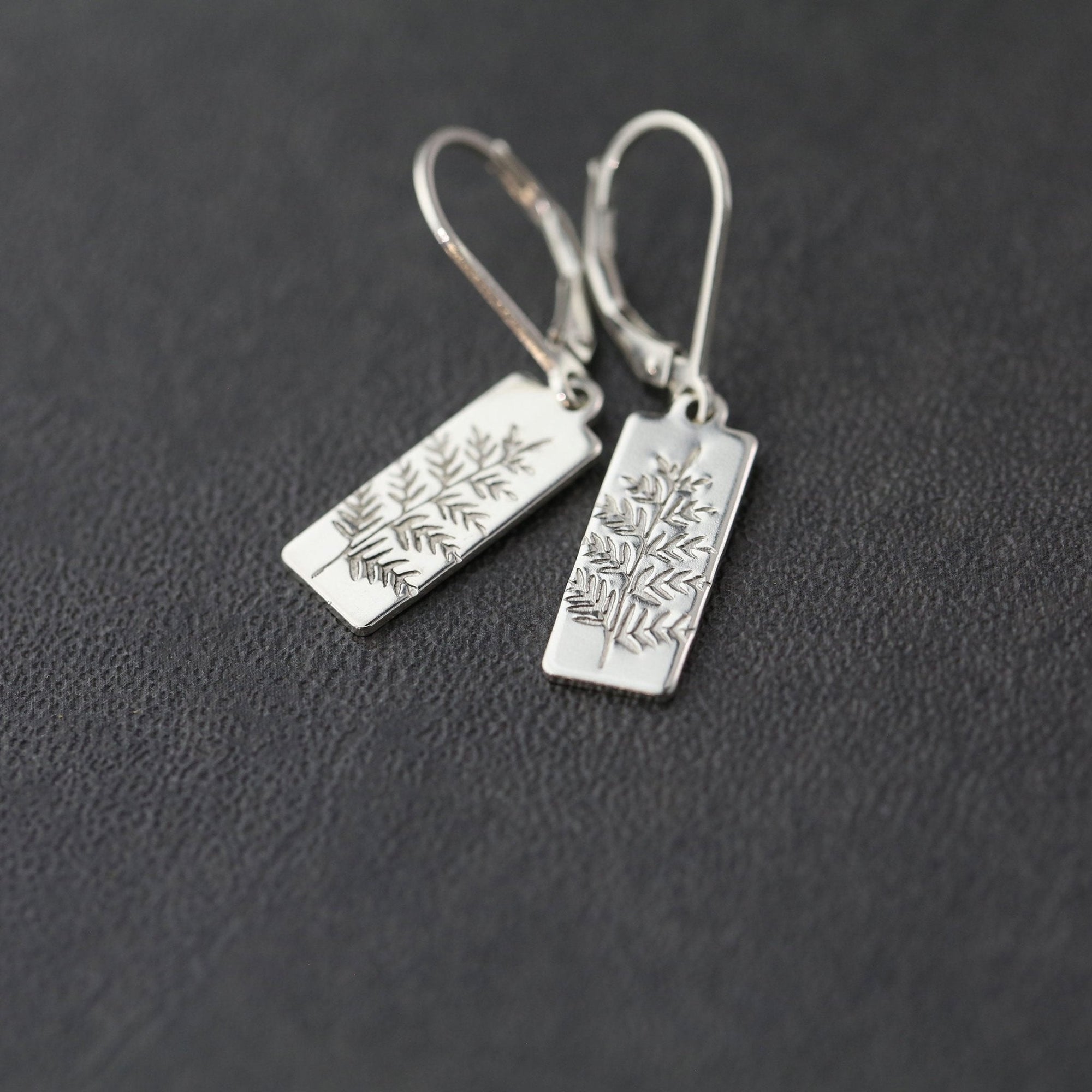 Silver Fern Leaf Tag Earrings jewelry handmade by Burnish