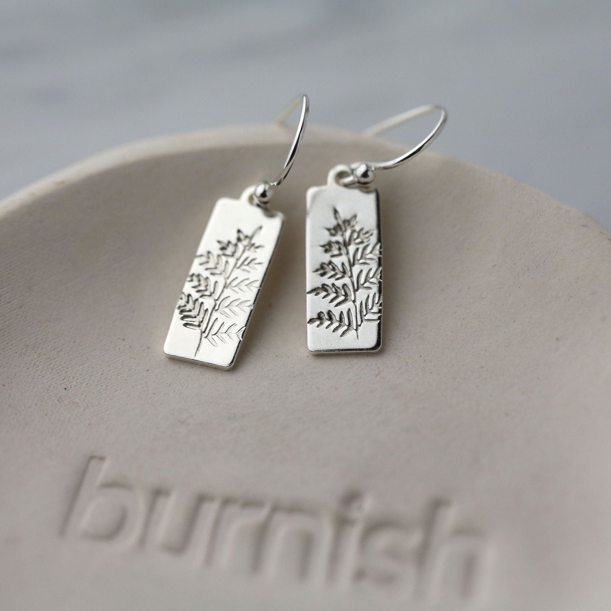 Silver Fern Leaf Tag Earrings jewelry handmade by Burnish