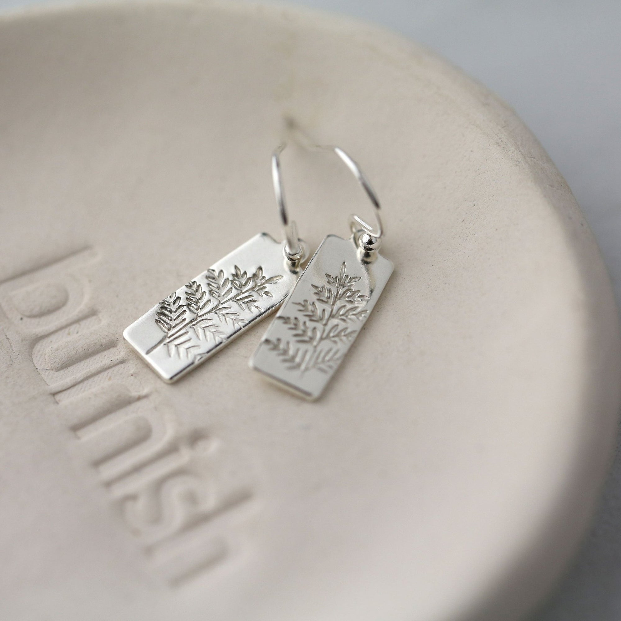 Silver Fern Leaf Tag Earrings jewelry handmade by Burnish