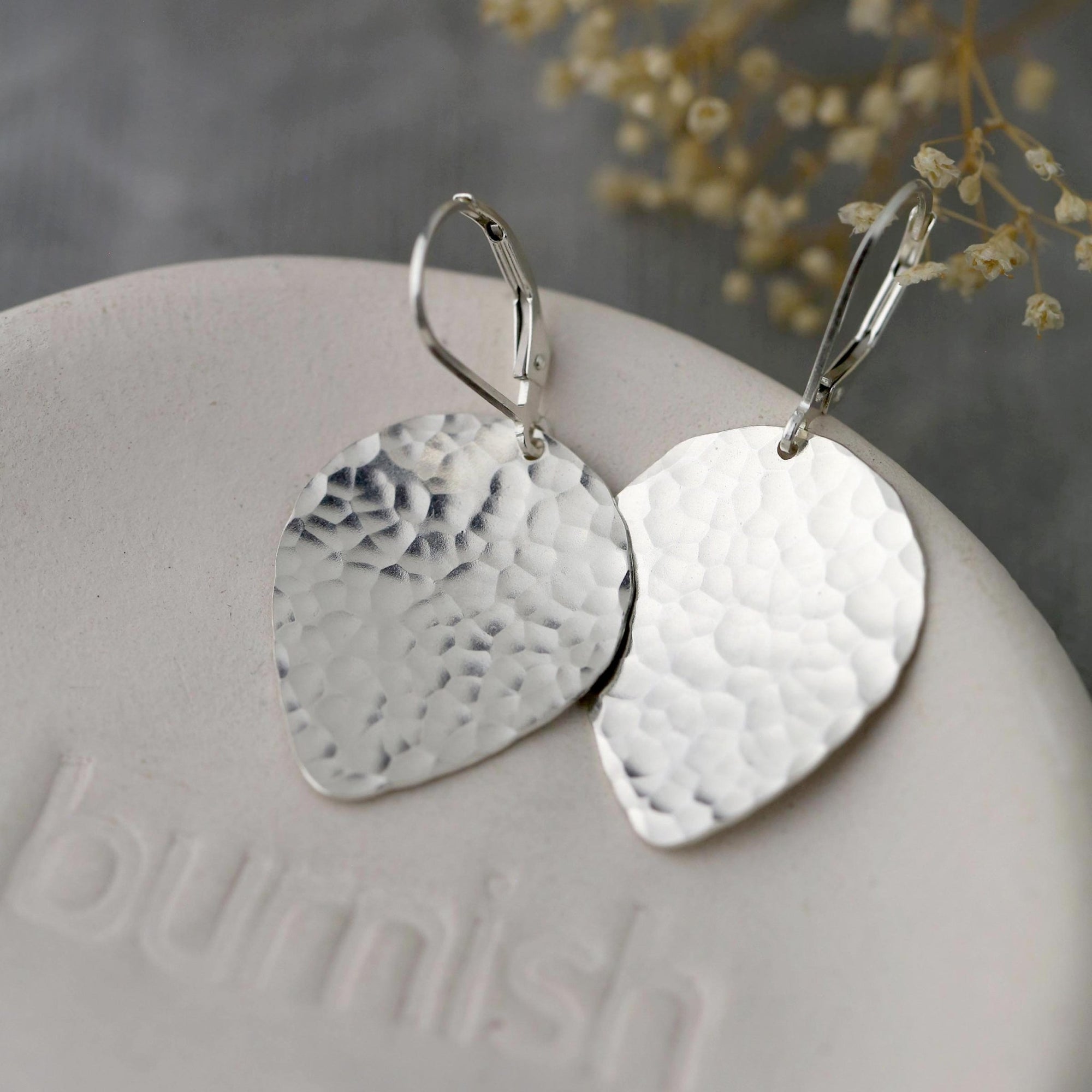 Silver Hammered Petal Drop Earrings jewelry handmade by Burnish