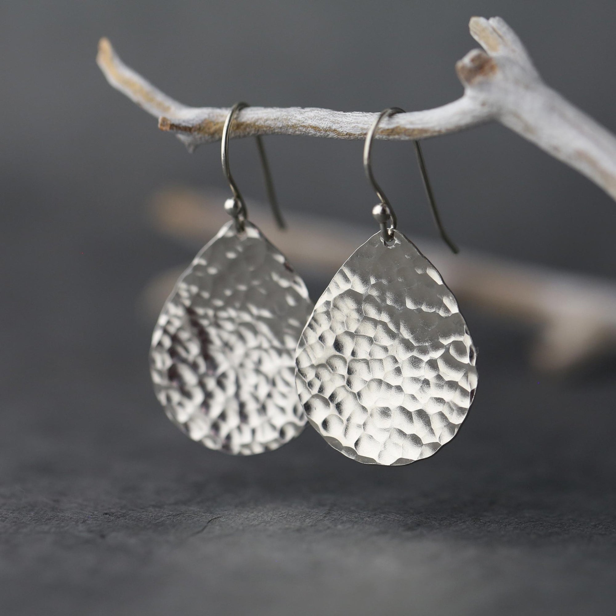 Silver Hammered Teardrop Earrings jewelry handmade by Burnish