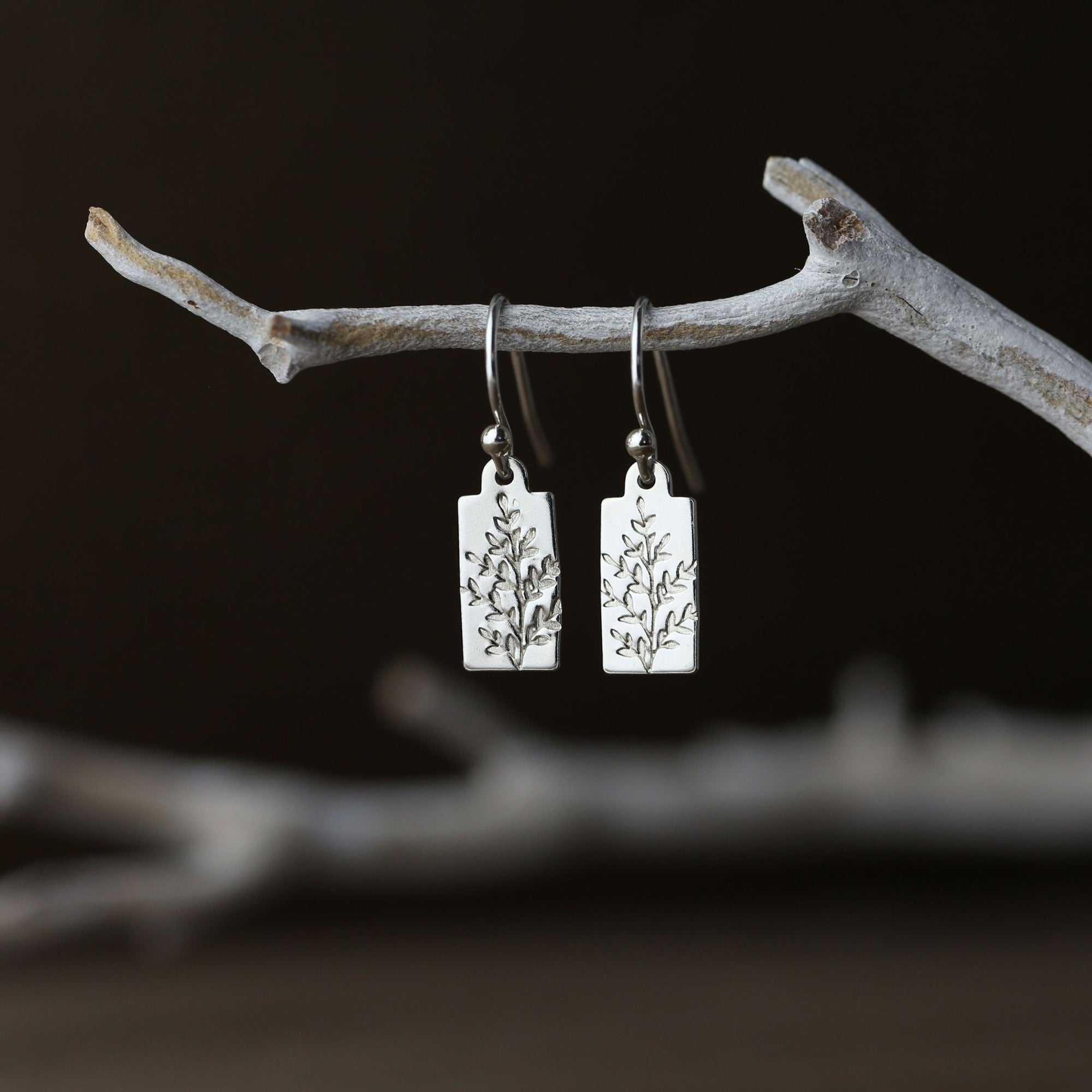 Silver Stamped Wildflower Tag Lever - back Earrings jewelry handmade by Burnish