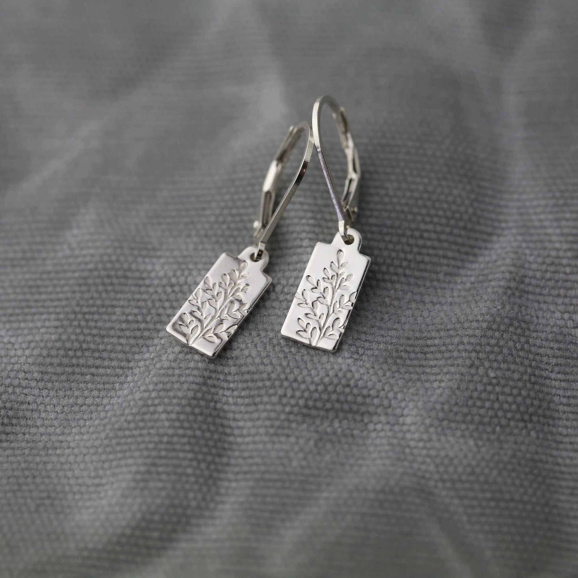 Silver Stamped Wildflower Tag Lever - back Earrings jewelry handmade by Burnish