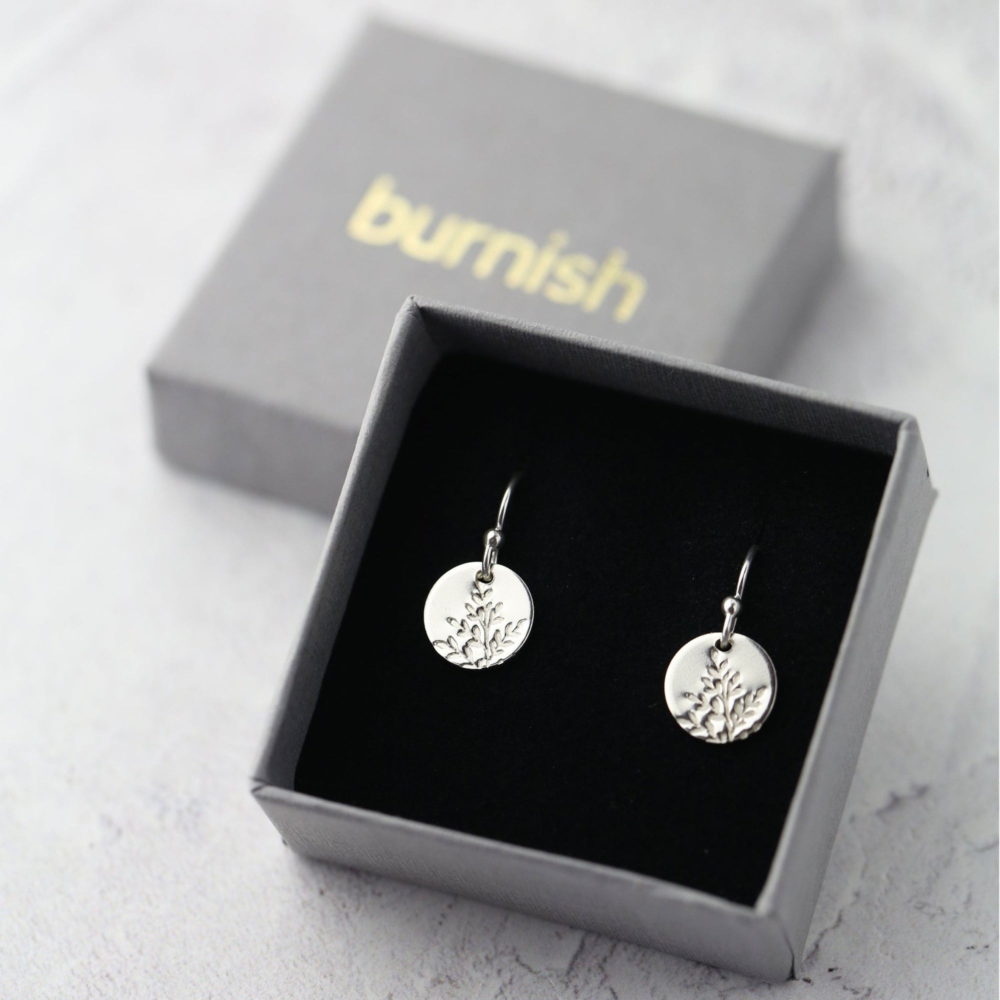 Silver Wildflower Tiny Disc Lever - back Earrings jewelry handmade by Burnish