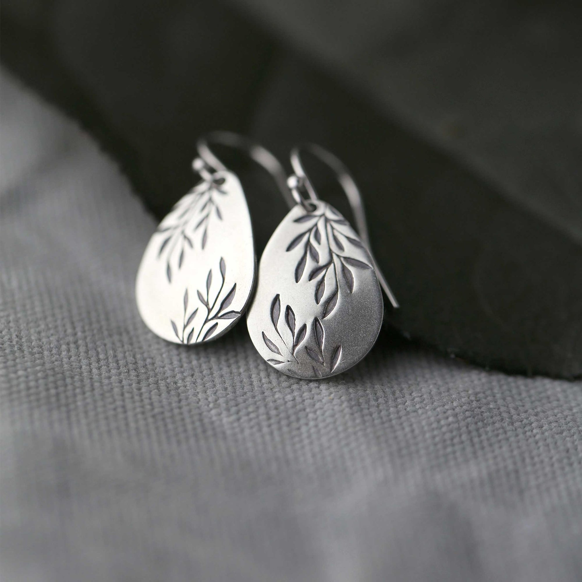 Silver Willow Leaf Teardrop Earrings jewelry handmade by Burnish