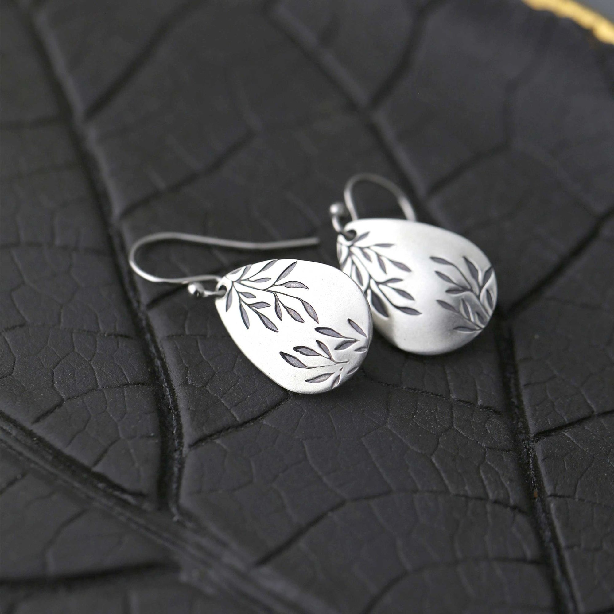 Silver Willow Leaf Teardrop Earrings jewelry handmade by Burnish