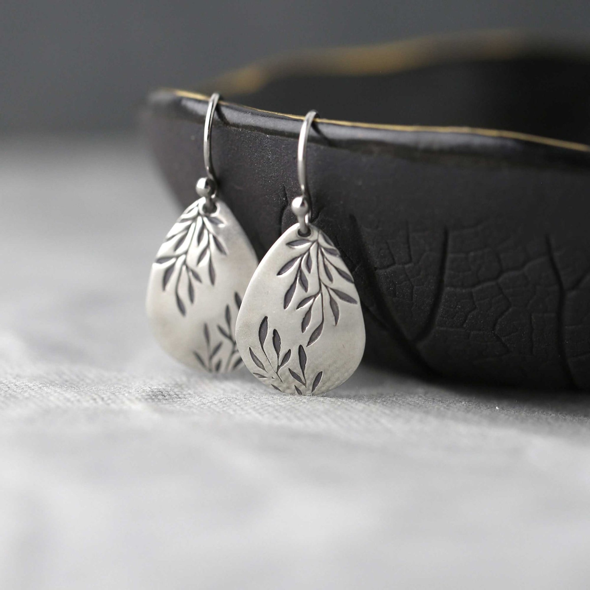 Silver Willow Leaf Teardrop Earrings jewelry handmade by Burnish
