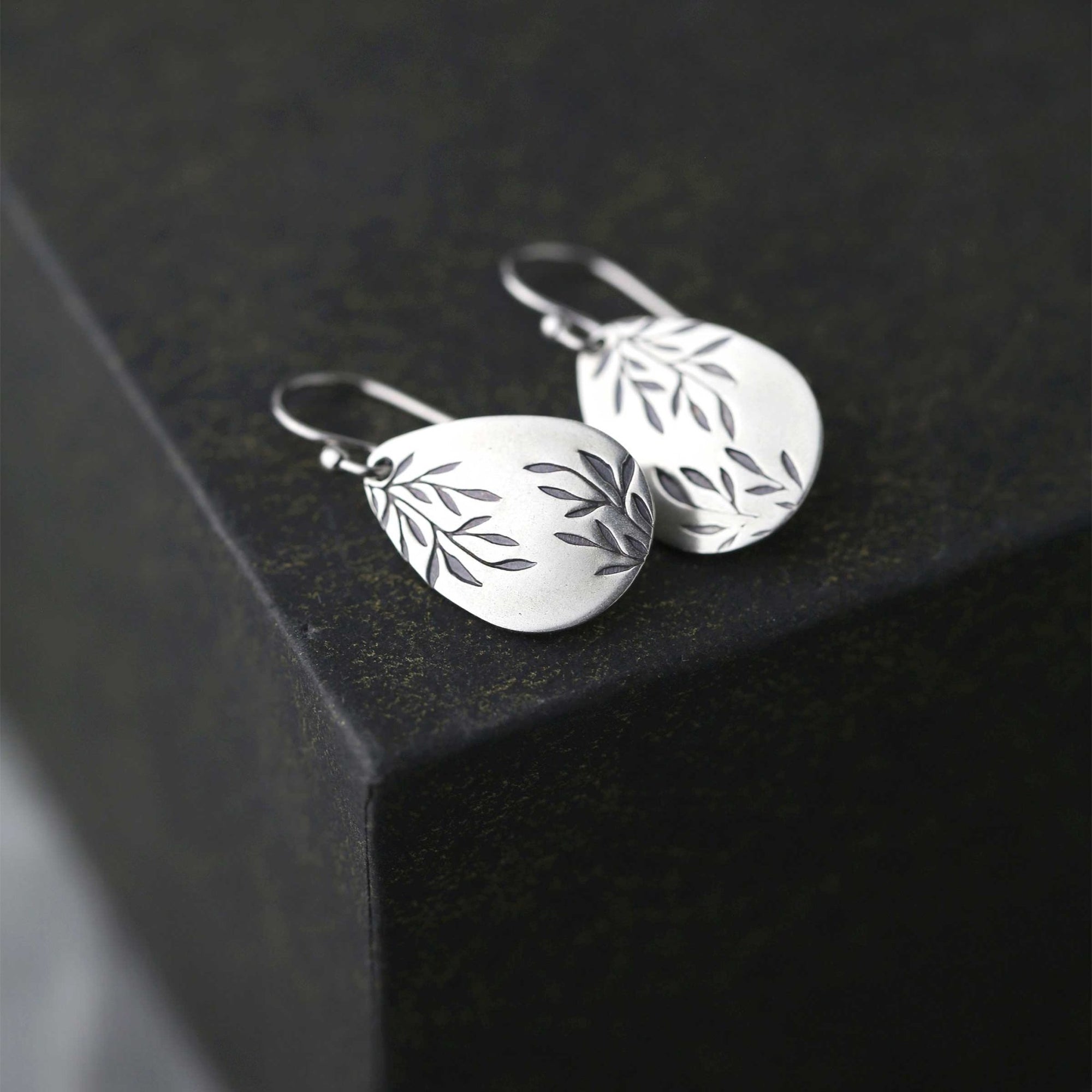 Silver Willow Leaf Teardrop Earrings jewelry handmade by Burnish