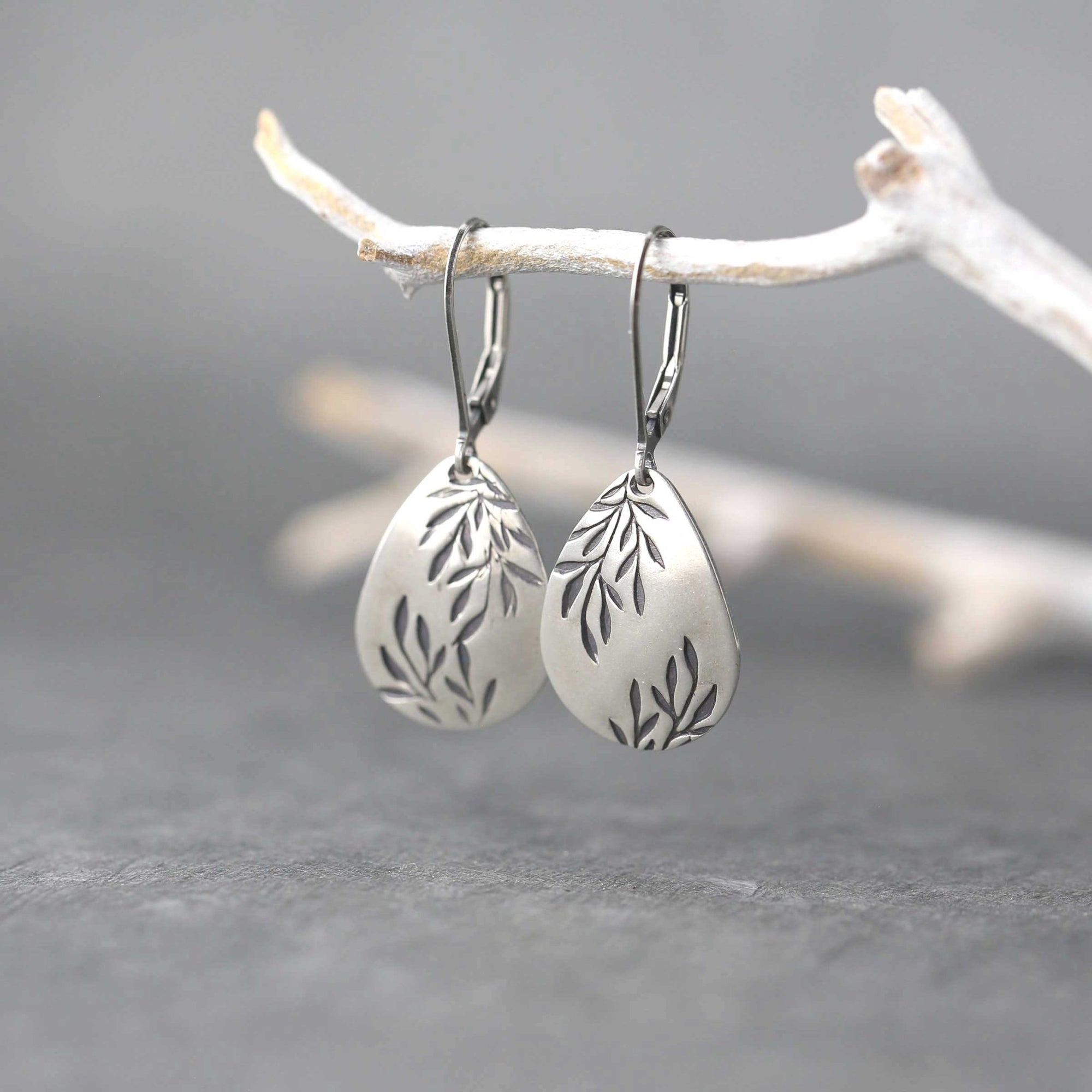Silver Willow Leaf Teardrop Earrings jewelry handmade by Burnish