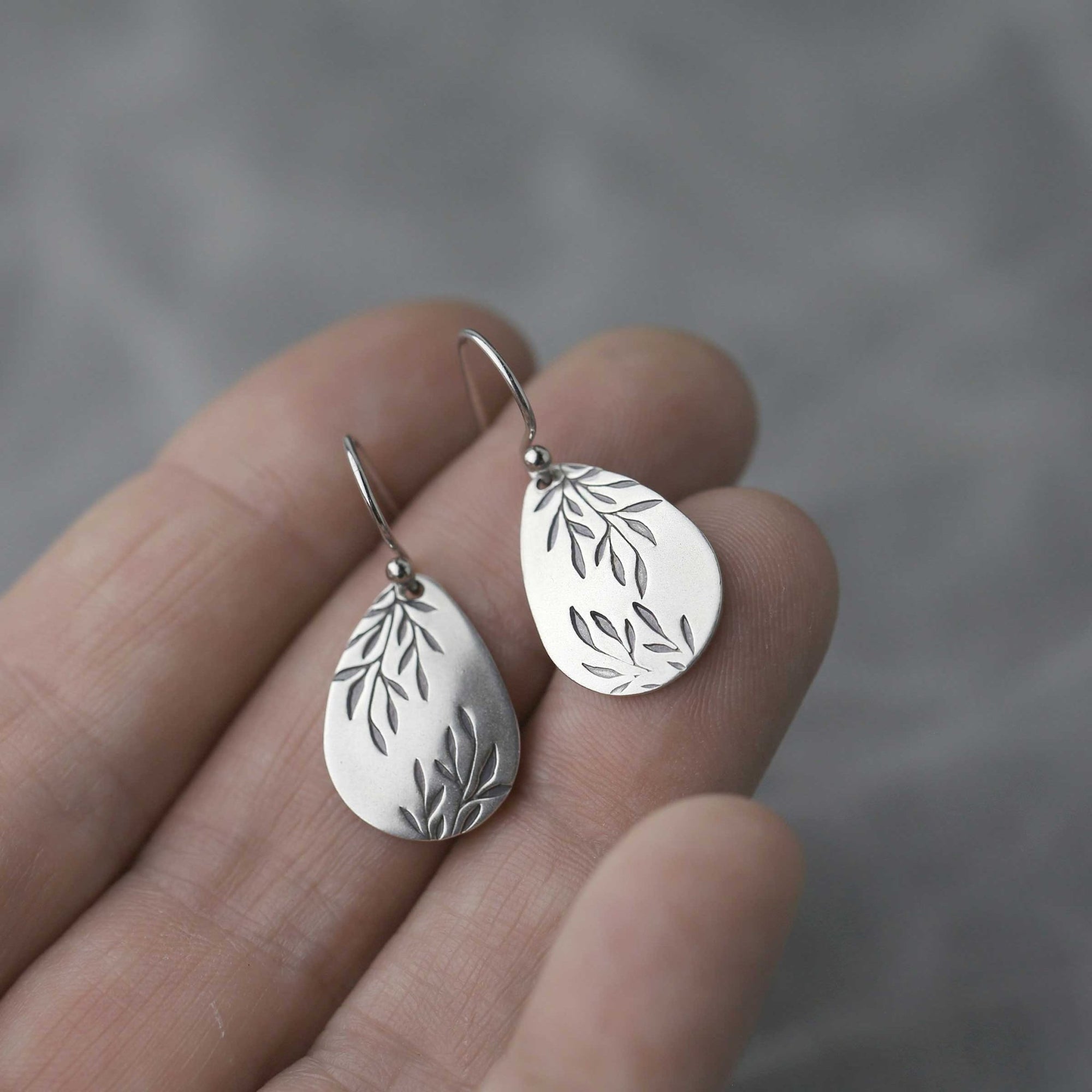 Silver Willow Leaf Teardrop Earrings jewelry handmade by Burnish